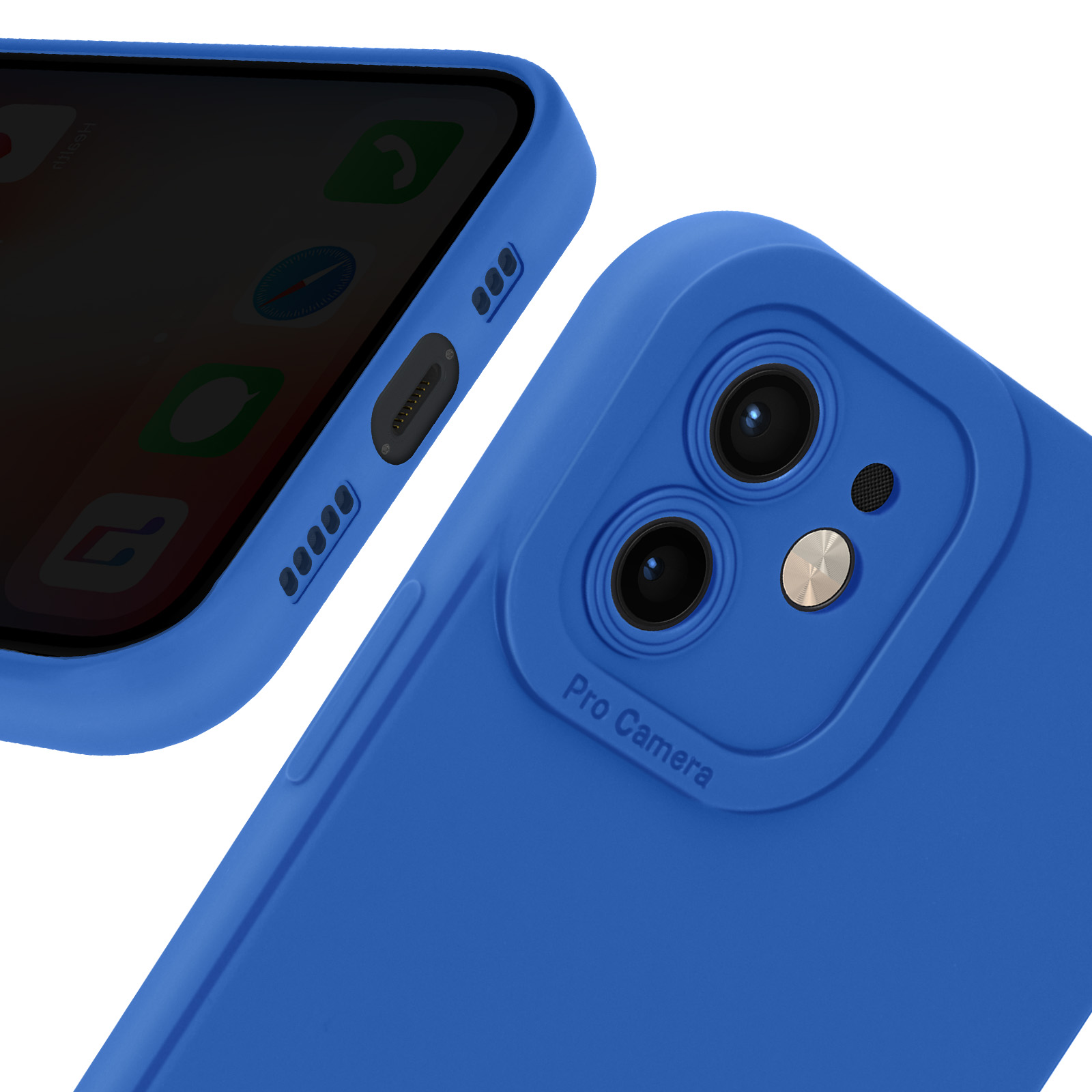Custodia blu per telefono, che evidenzia l'area della fotocamera e i bordi del telefono. Lo schermo è scuro.