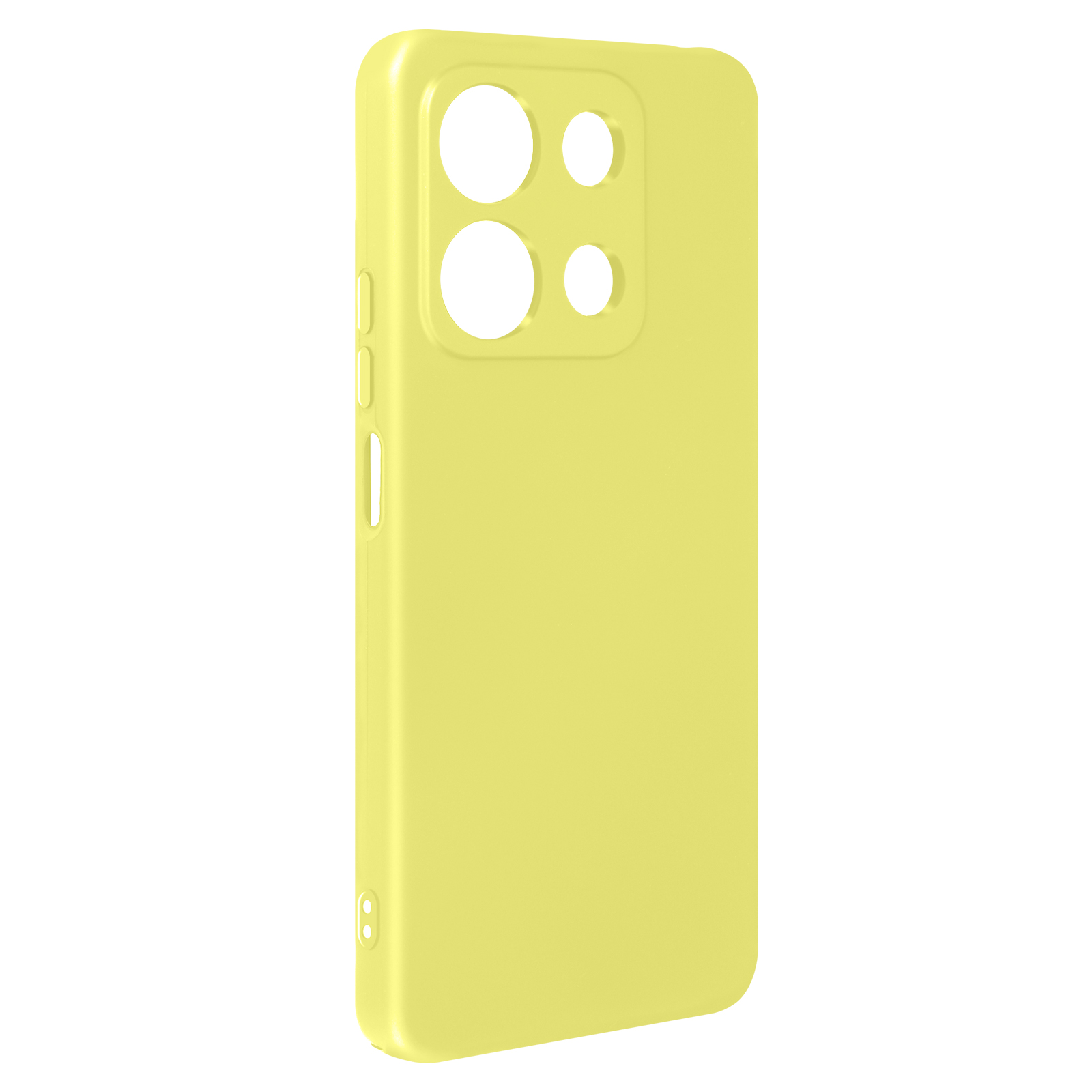 Custodia gialla per telefono con ritaglio per fotocamera. La custodia è gialla e copre il telefono.