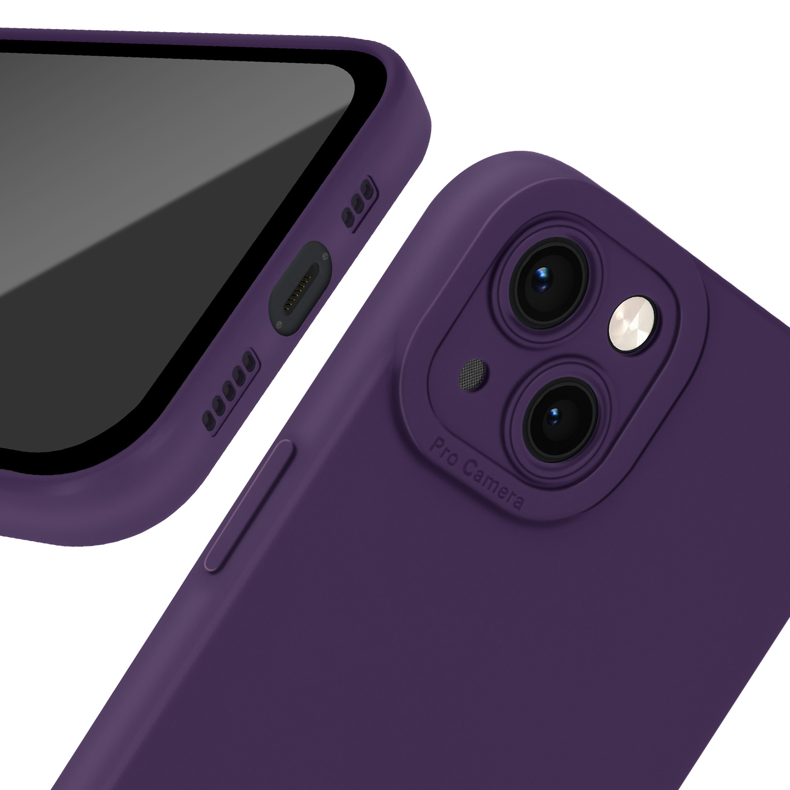 Custodia per telefono viola. L'area della fotocamera ha tre lenti. La custodia è leggermente angolata. Sfondo bianco.