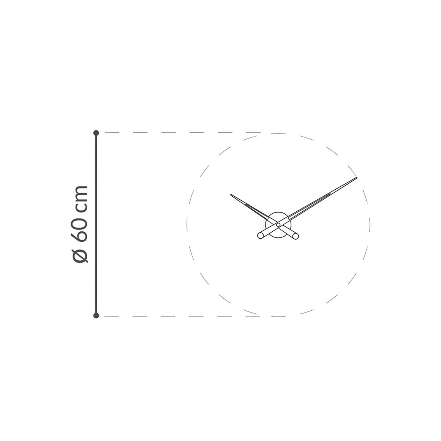 Ein Zifferblatt mit einem gepunkteten Kreis und Zeigern, die auf 10:10 Uhr zeigen. Der Durchmesser beträgt 60 cm.