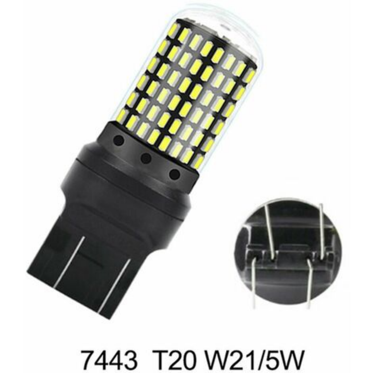 Eine helle LED-Glühbirne mit dem Text '7443 T20 W21/5W' auf weißem Hintergrund.