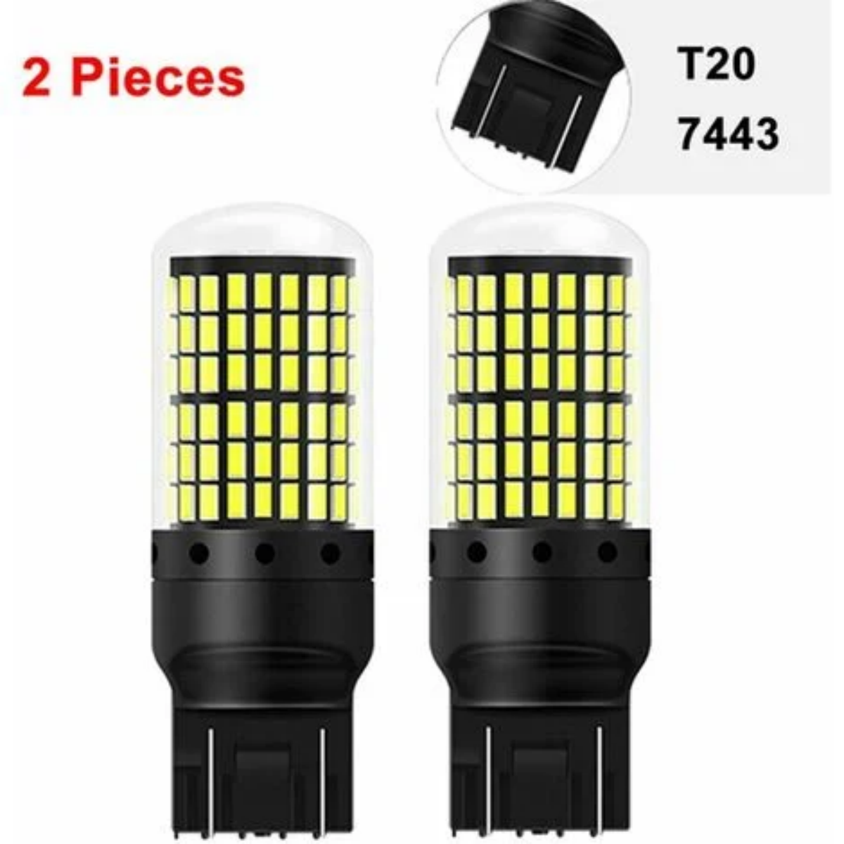 Zwei LED-Autolampen. Jede Lampe hat einen schwarzen Sockel und einen transparenten Kopf mit vielen LEDs.