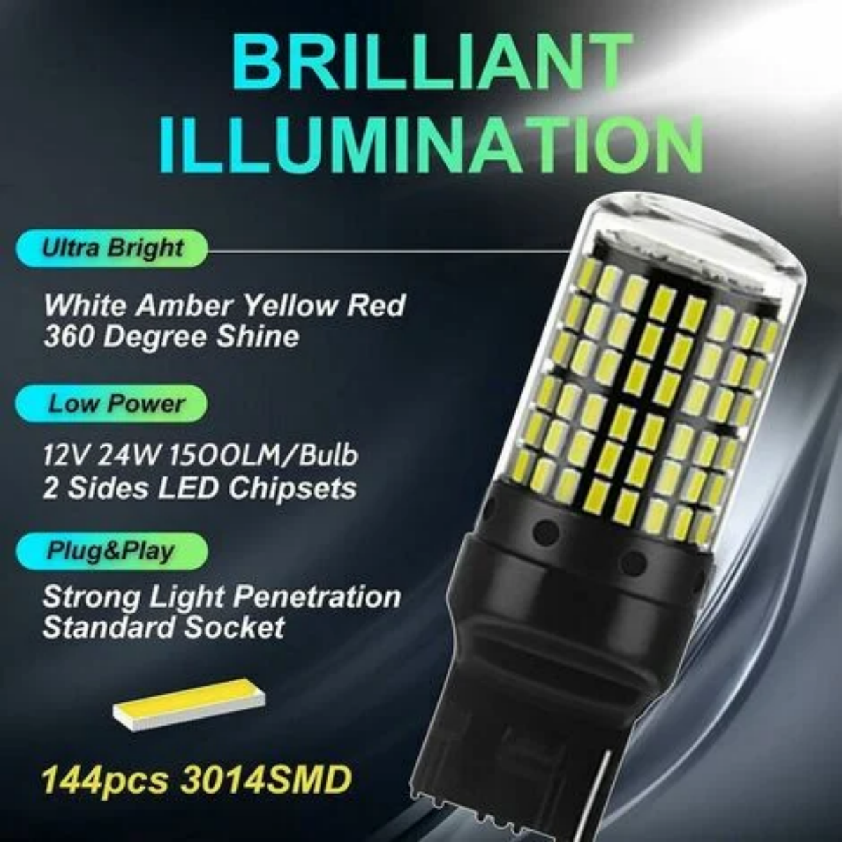 LED-Glühbirne mit detaillierter Beschreibung ihrer Spezifikationen und Merkmale, auf schwarzem Hintergrund.