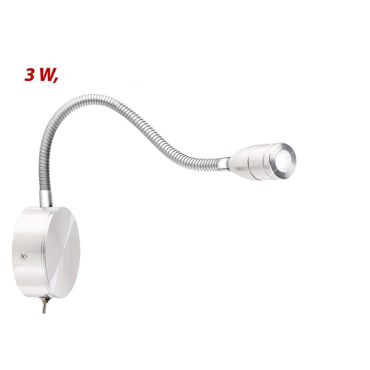Eine silberne Wandleuchte mit flexiblem Hals und Lichtquelle, vor weißem Hintergrund.
