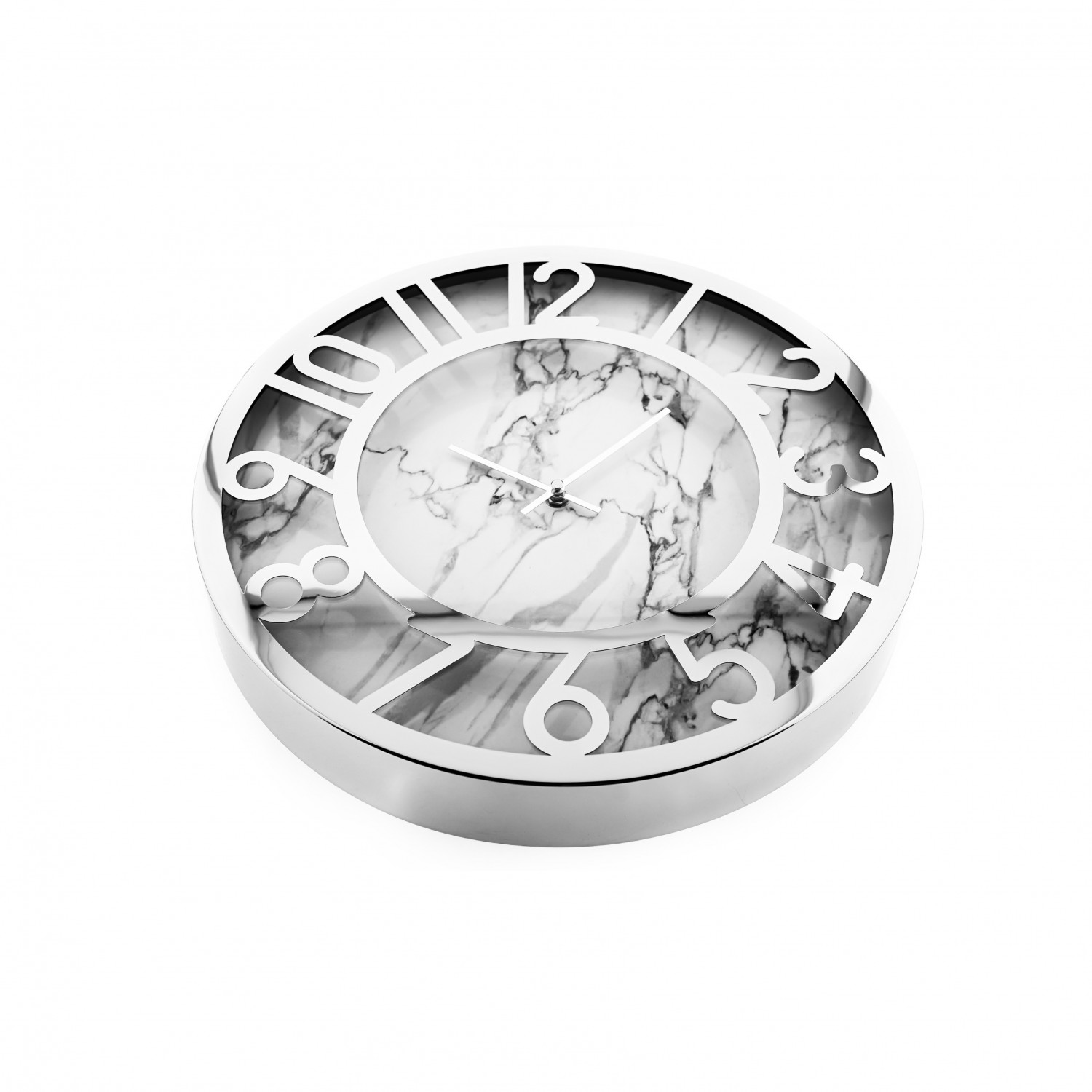 Eine silber gerahmte runde Uhr mit Marmorfläche und weißen Zahlen, vor weißem Hintergrund.