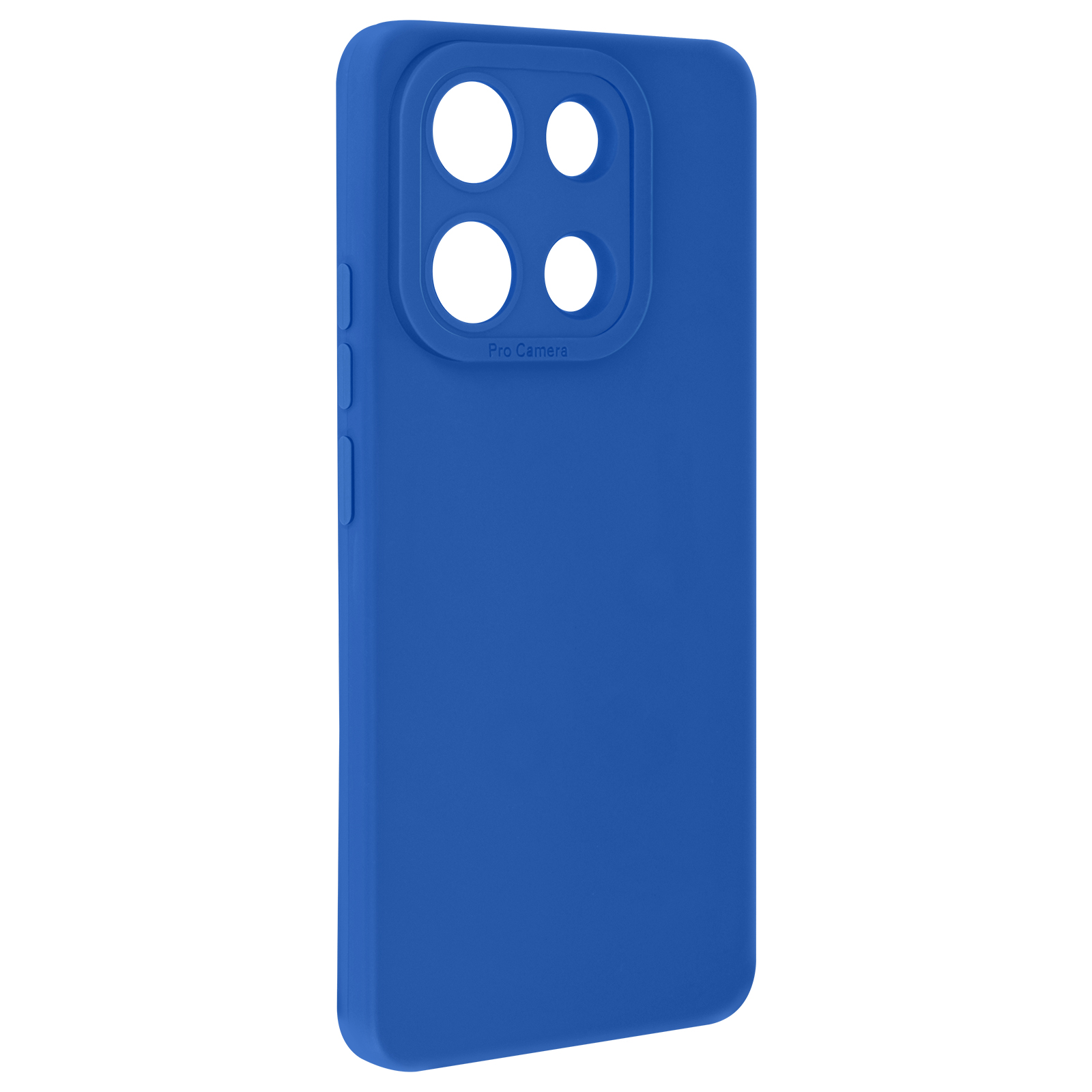 Blauwe telefoonhoes met vier cameralenzen. De telefoonhoes is voor Pro Camera.