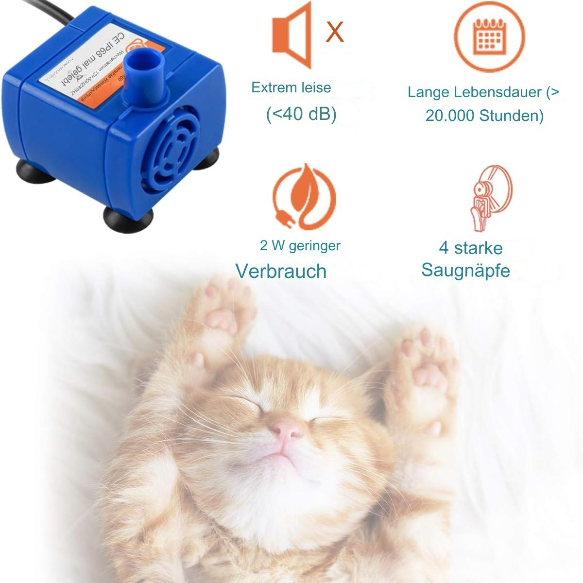 Eine kleine blaue Wasserpumpe mit einer friedlich schlafenden Katze im Hintergrund.