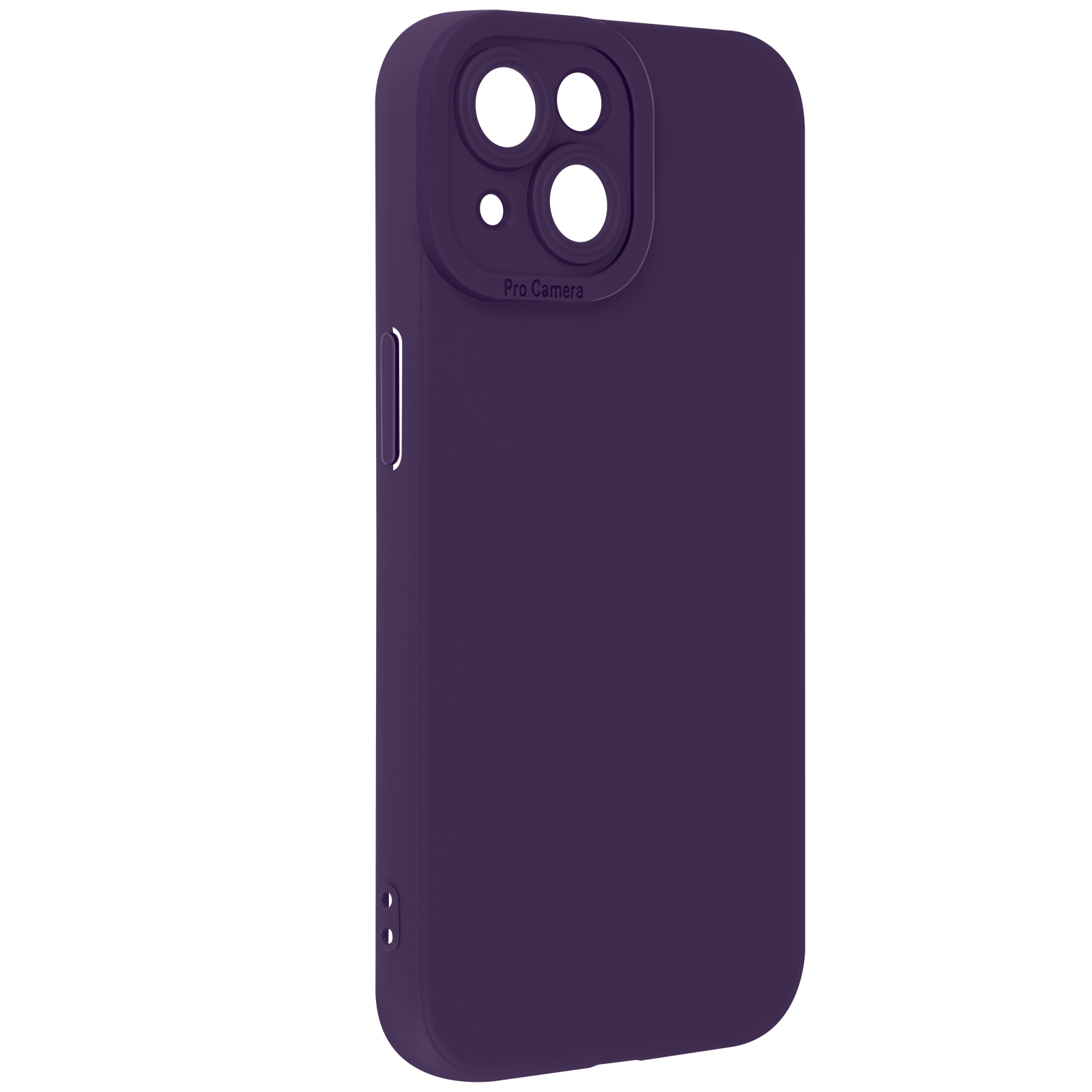 Custodia viola per telefono con fori per la fotocamera, su sfondo bianco. Superficie liscia.