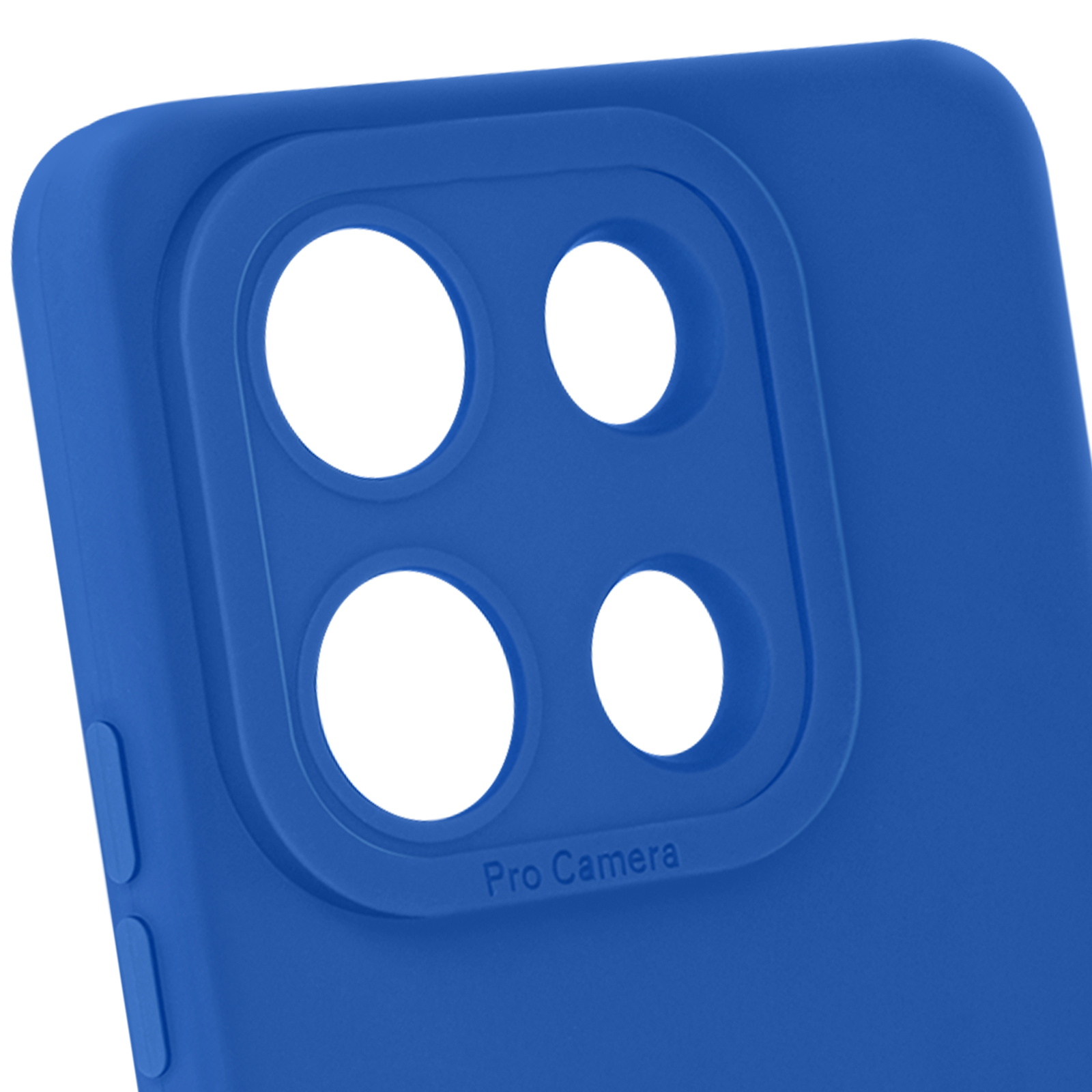 Een blauwe telefoonhoes met vier camera-uitsparingen en de woorden 'Pro Camera'.