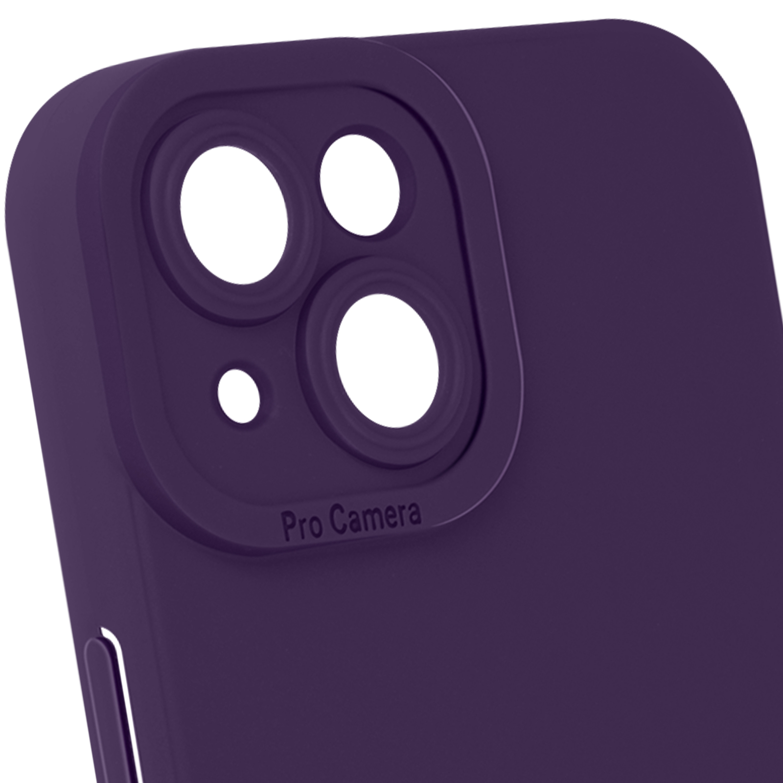 Primo piano di una custodia per telefono viola con fori per la fotocamera. Sfondo bianco.