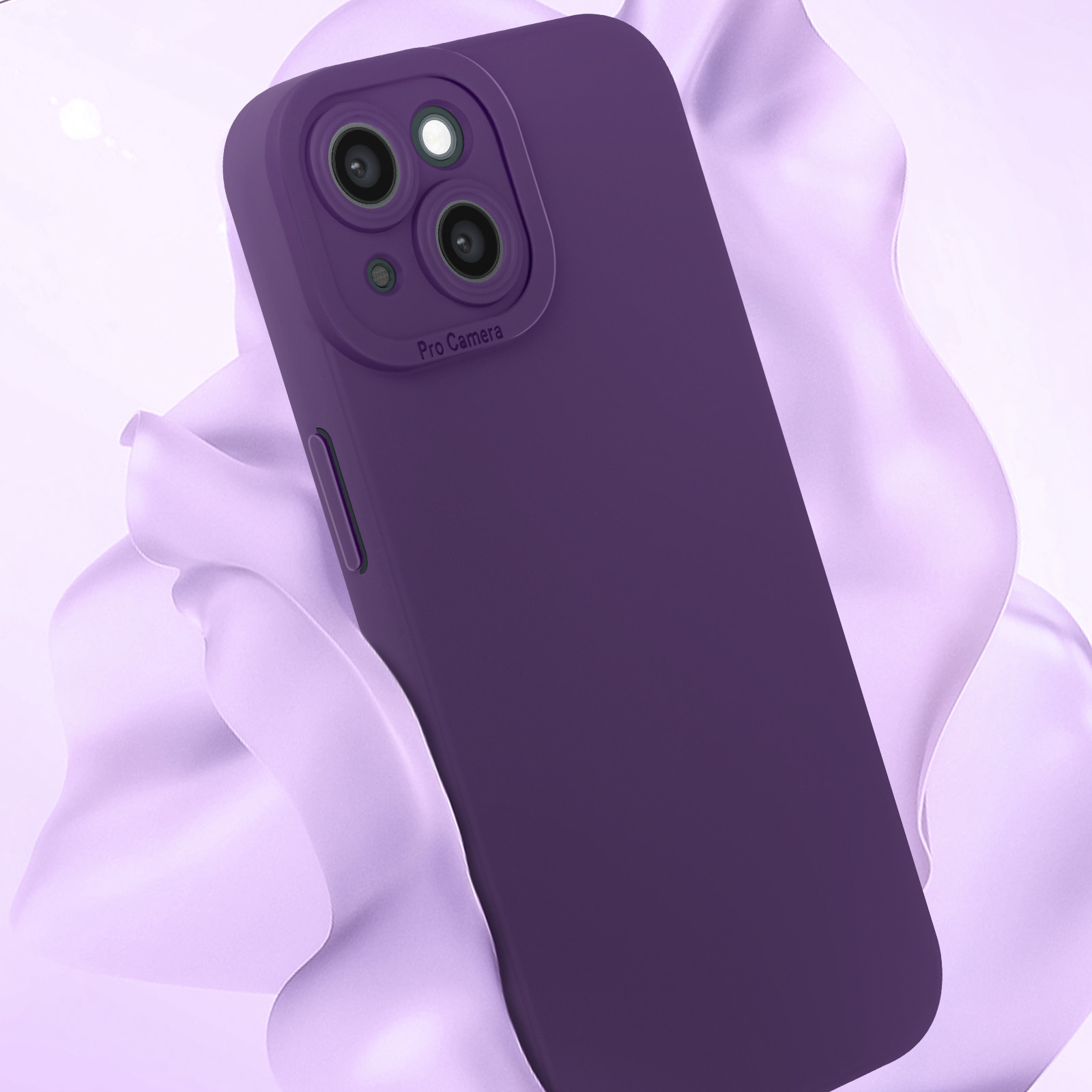 Un primo piano di un iPhone viola con una custodia protettiva. La custodia copre la fotocamera e i pulsanti.