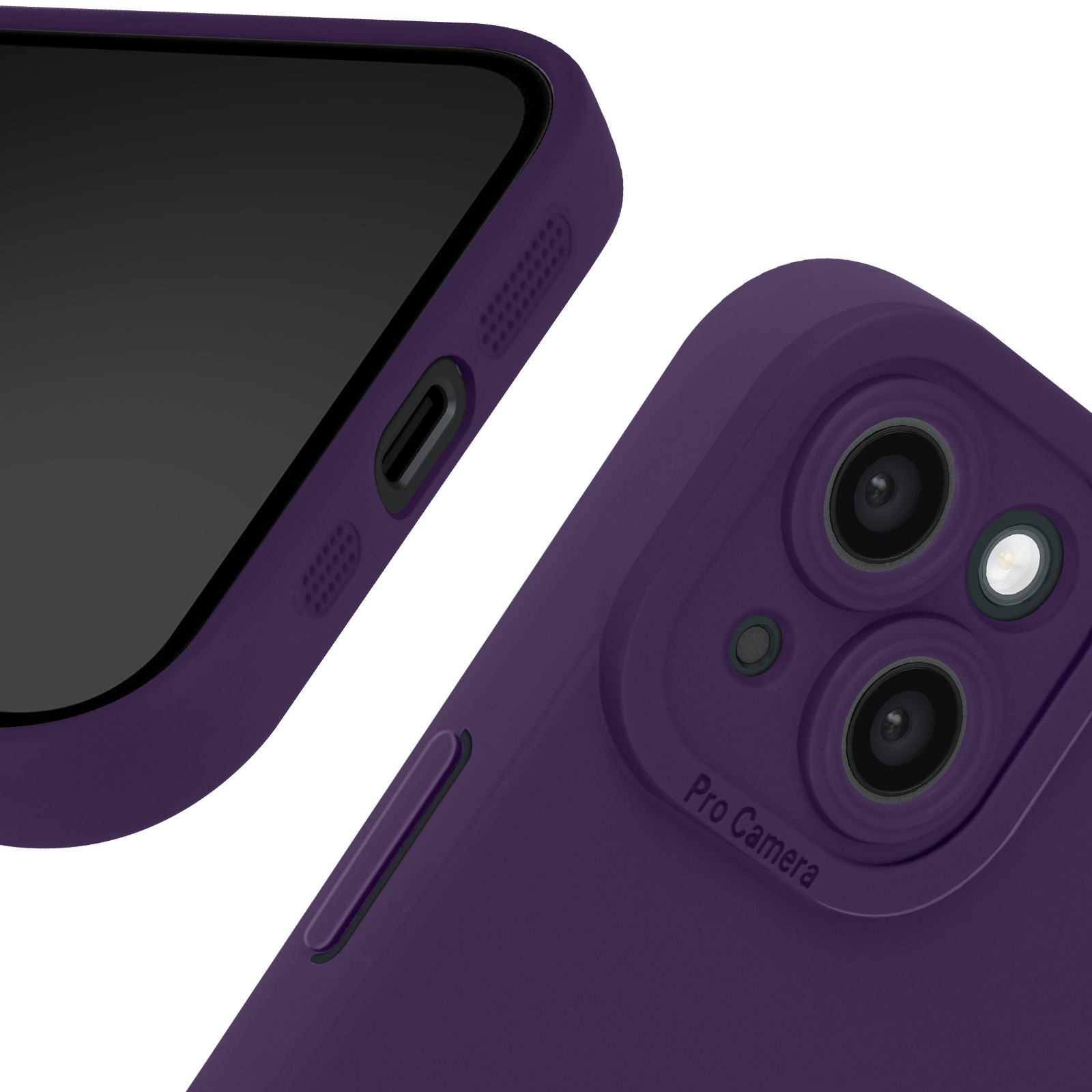 Custodia viola con dettaglio fotocamera. Parte del telefono visibile a sinistra.