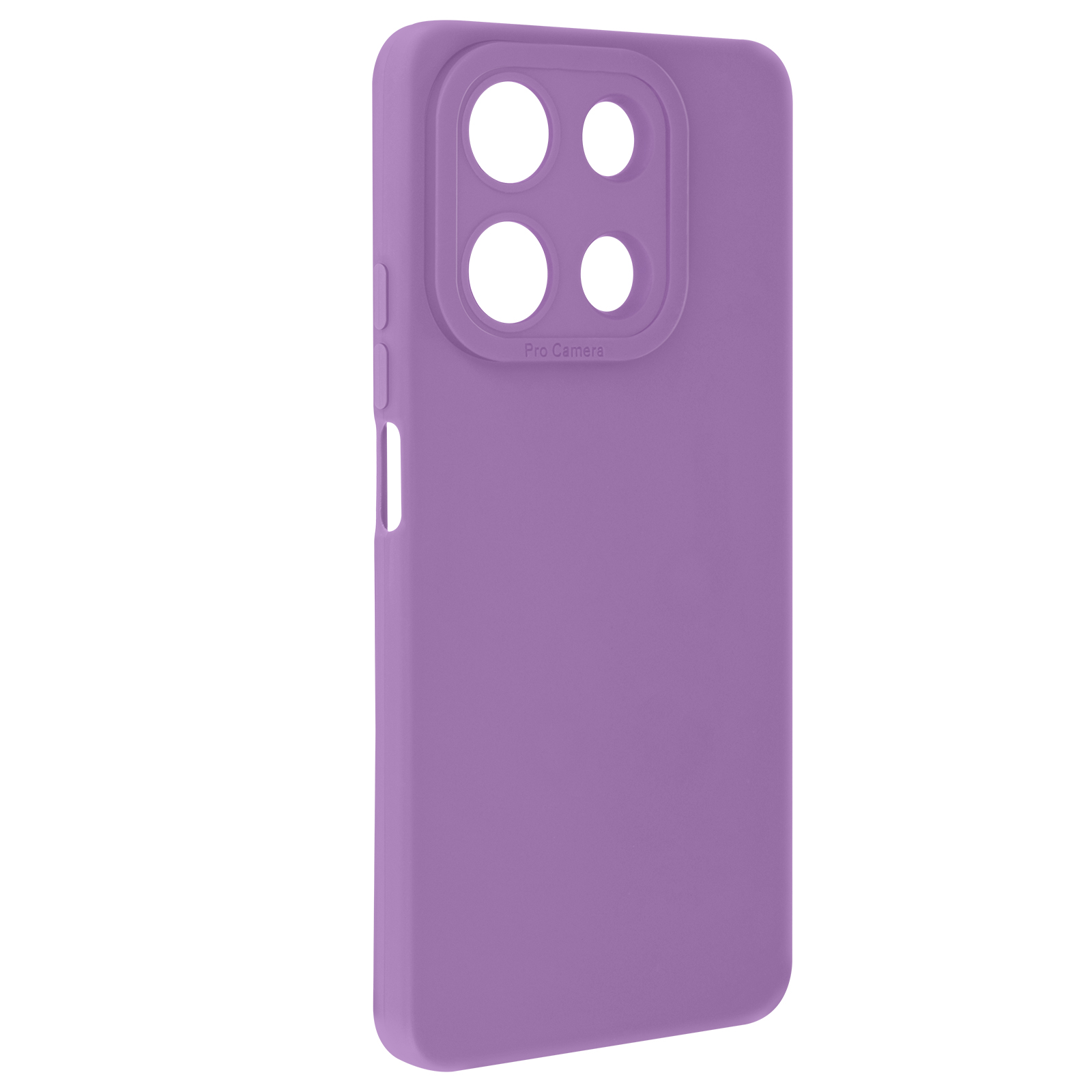 Custodia per telefono viola con ritagli per la fotocamera. La custodia ha una finitura liscia. Isolato su sfondo bianco.