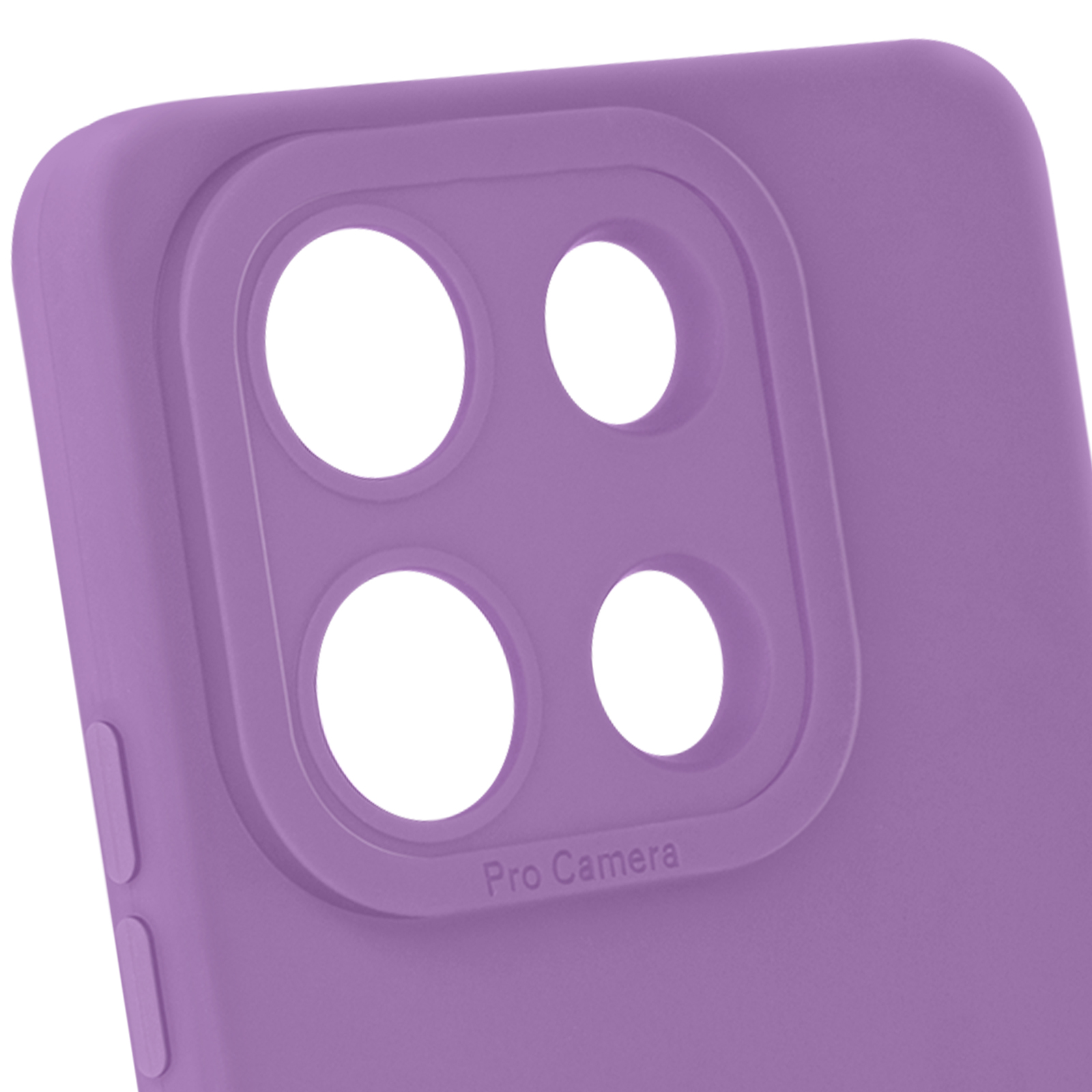 Custodia viola per telefono. Quattro ritagli per fotocamera. Pro Camera scritto. Primo piano. Sfondo bianco.