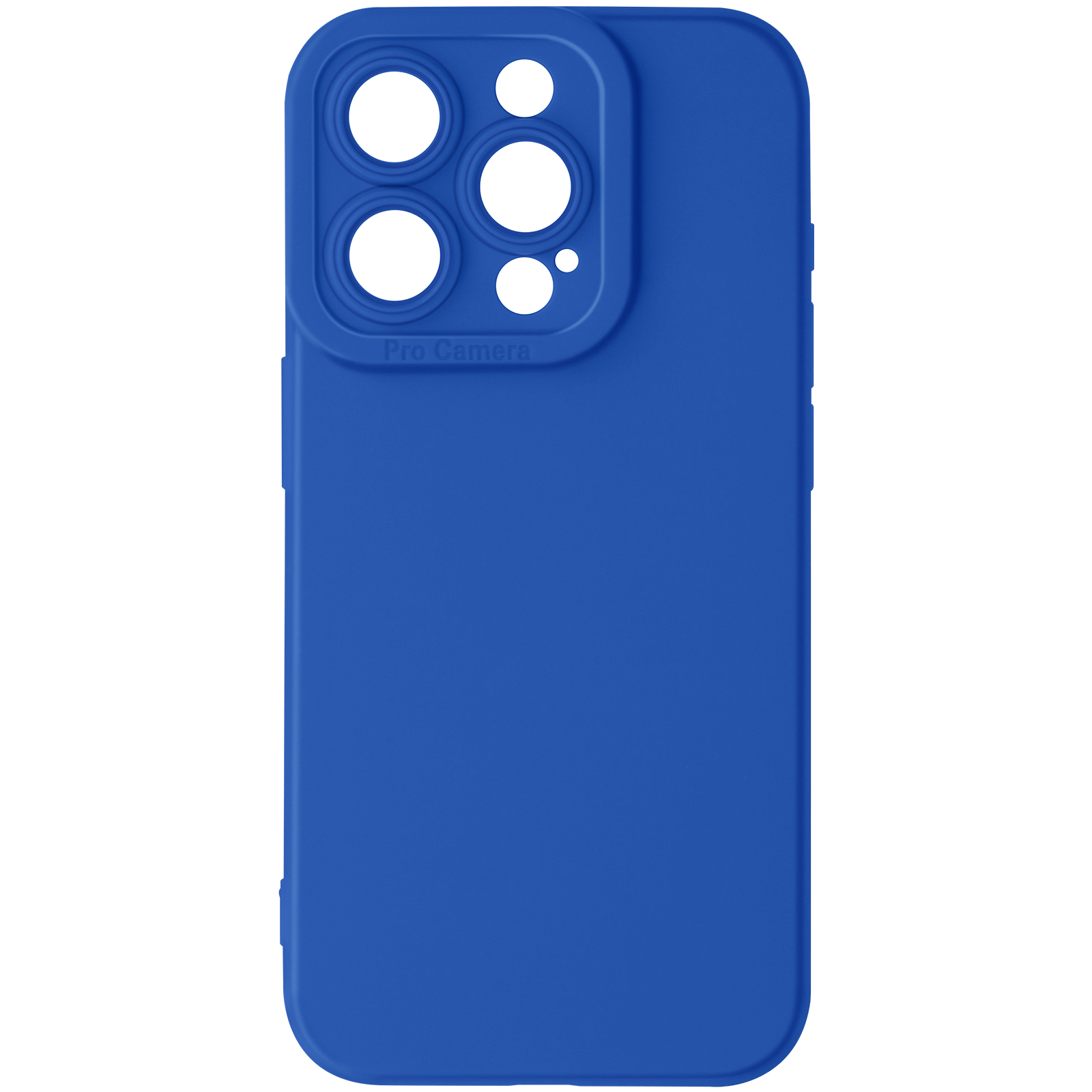Custodia per telefono blu con ritagli per fotocamera su sfondo bianco.