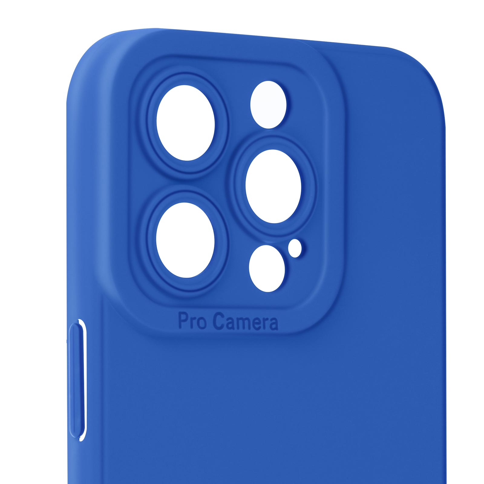 Una custodia per telefono blu brillante con un modulo fotocamera con tre lenti e un piccolo flash. Il testo 'Pro Camera' è visibile.