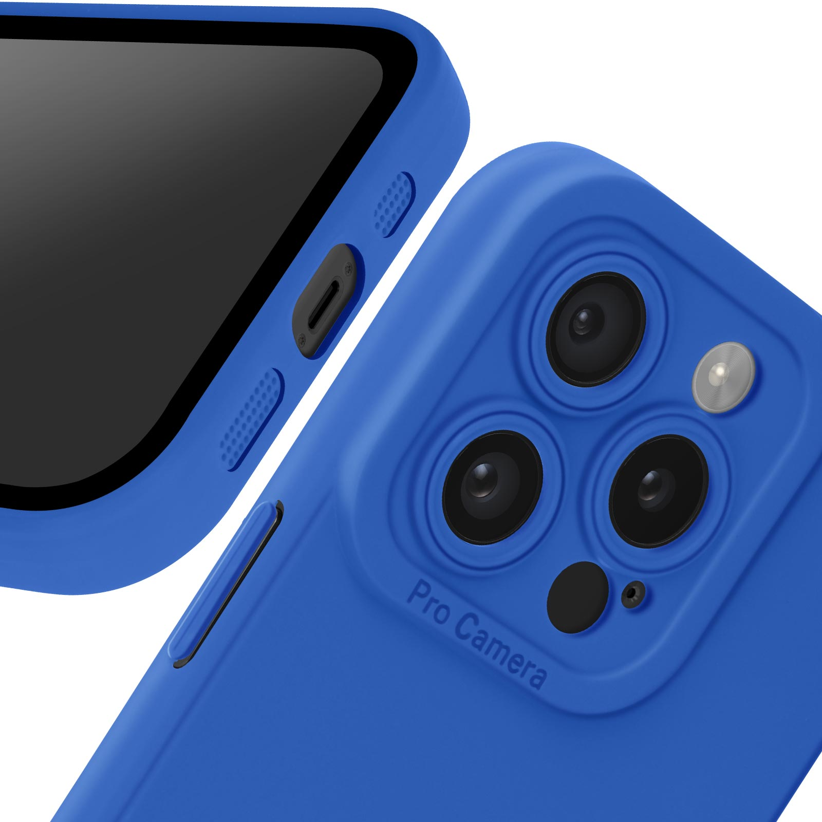 Un telefono blu con una fotocamera Pro. Gli obiettivi della fotocamera sono nell'angolo in alto a sinistra. È un primo piano.