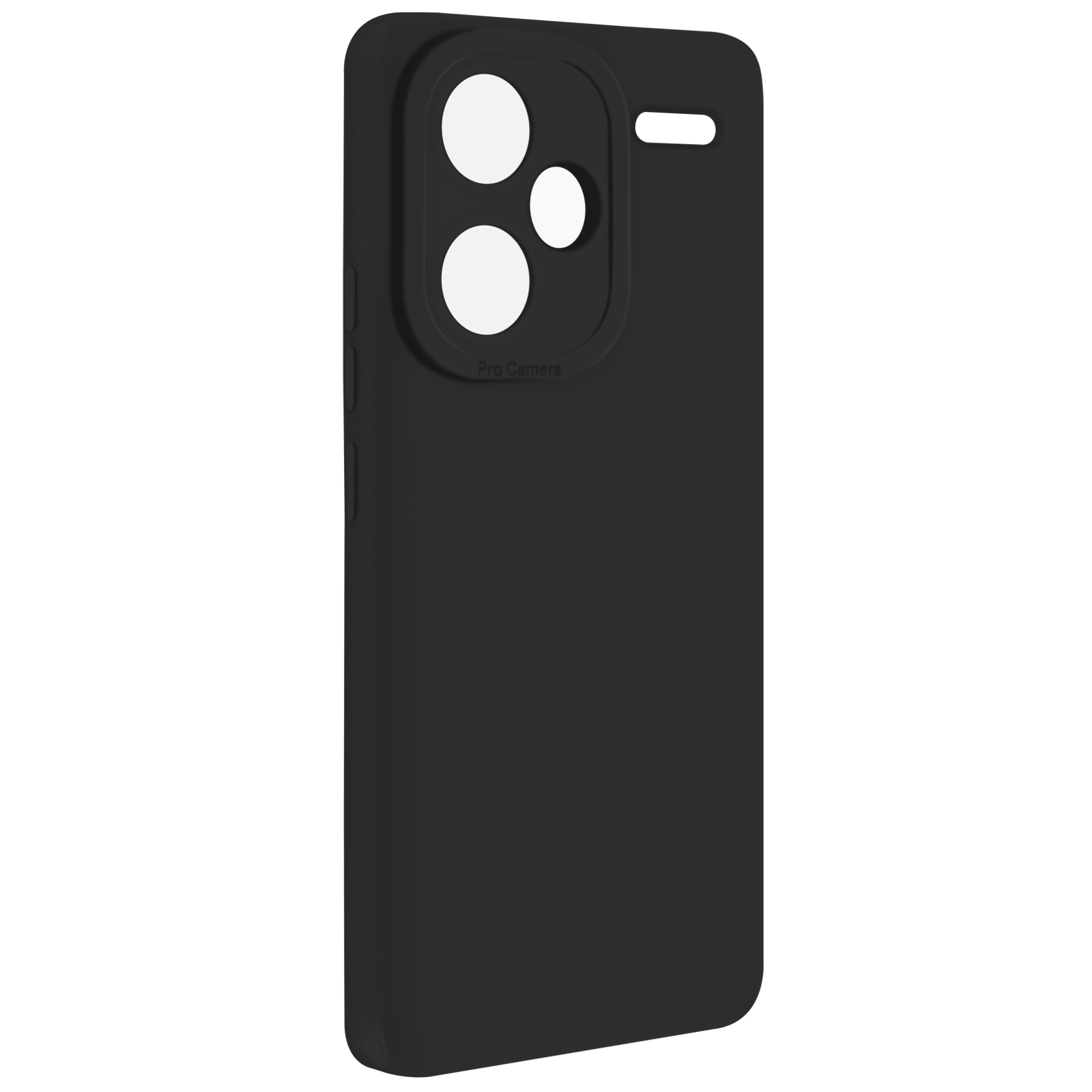 Custodia nera per telefono con ritagli per fotocamera su sfondo bianco, opaca.