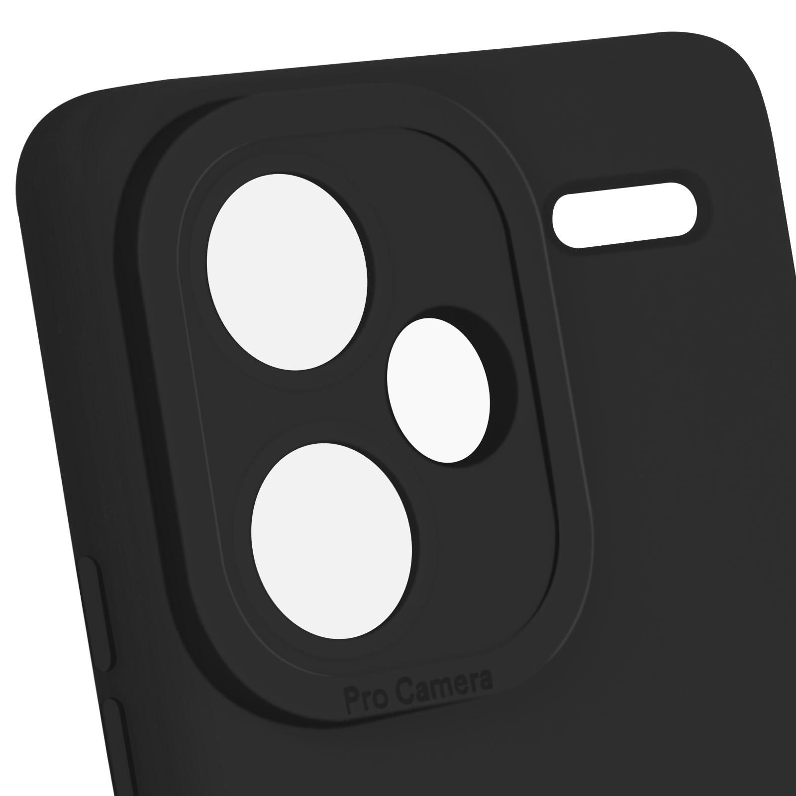 Primo piano di una custodia nera. L'area dell'obiettivo della fotocamera con 'Pro Camera'.