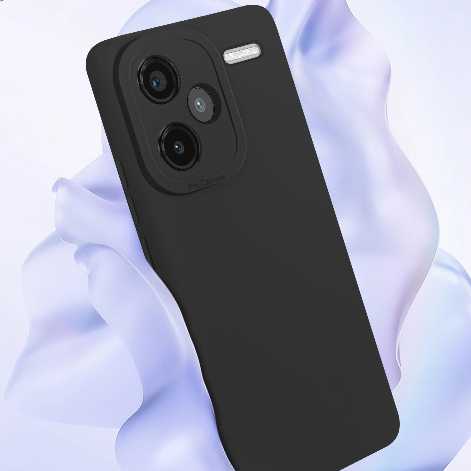 Una custodia per telefono nera con tre fori per fotocamera e le parole 'Pro Camera'.