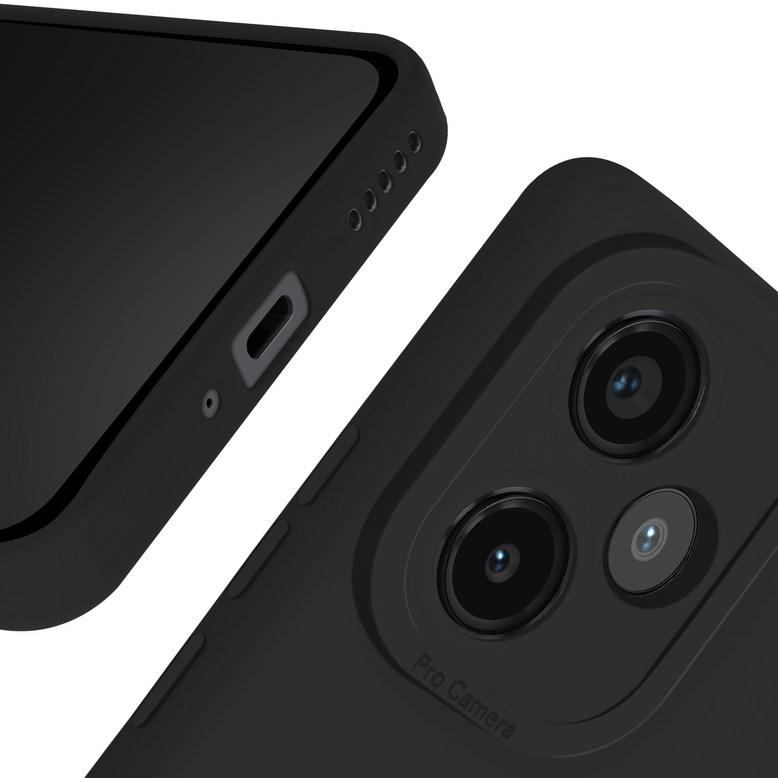 Custodia per telefono nera con lenti della fotocamera visibili. Sfondo bianco, vista angolata.