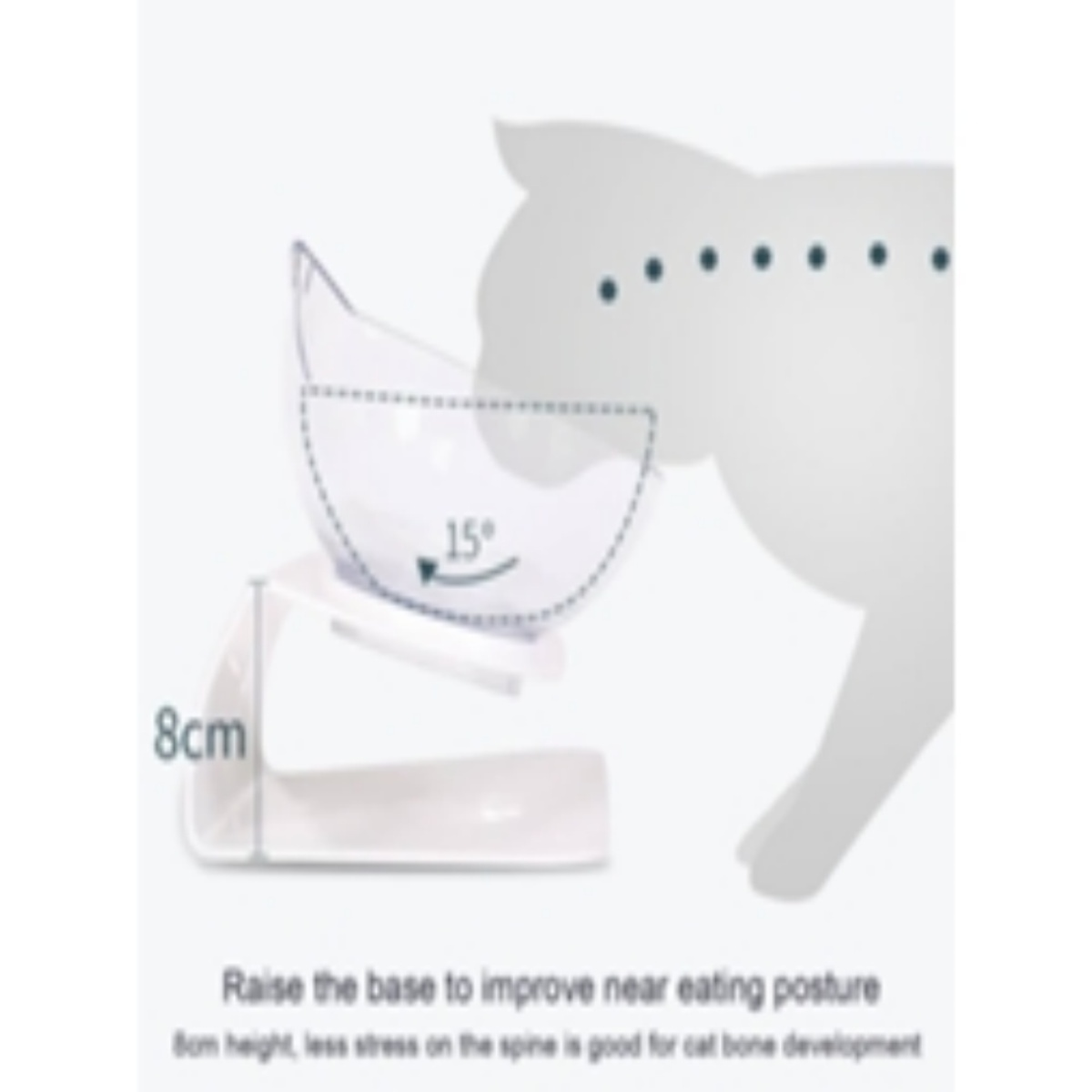 Diagramm einer Katzenschale, erhöhte Basis, 15-Grad-Winkel, 8 cm Höhe. Text erklärt Vorteile.