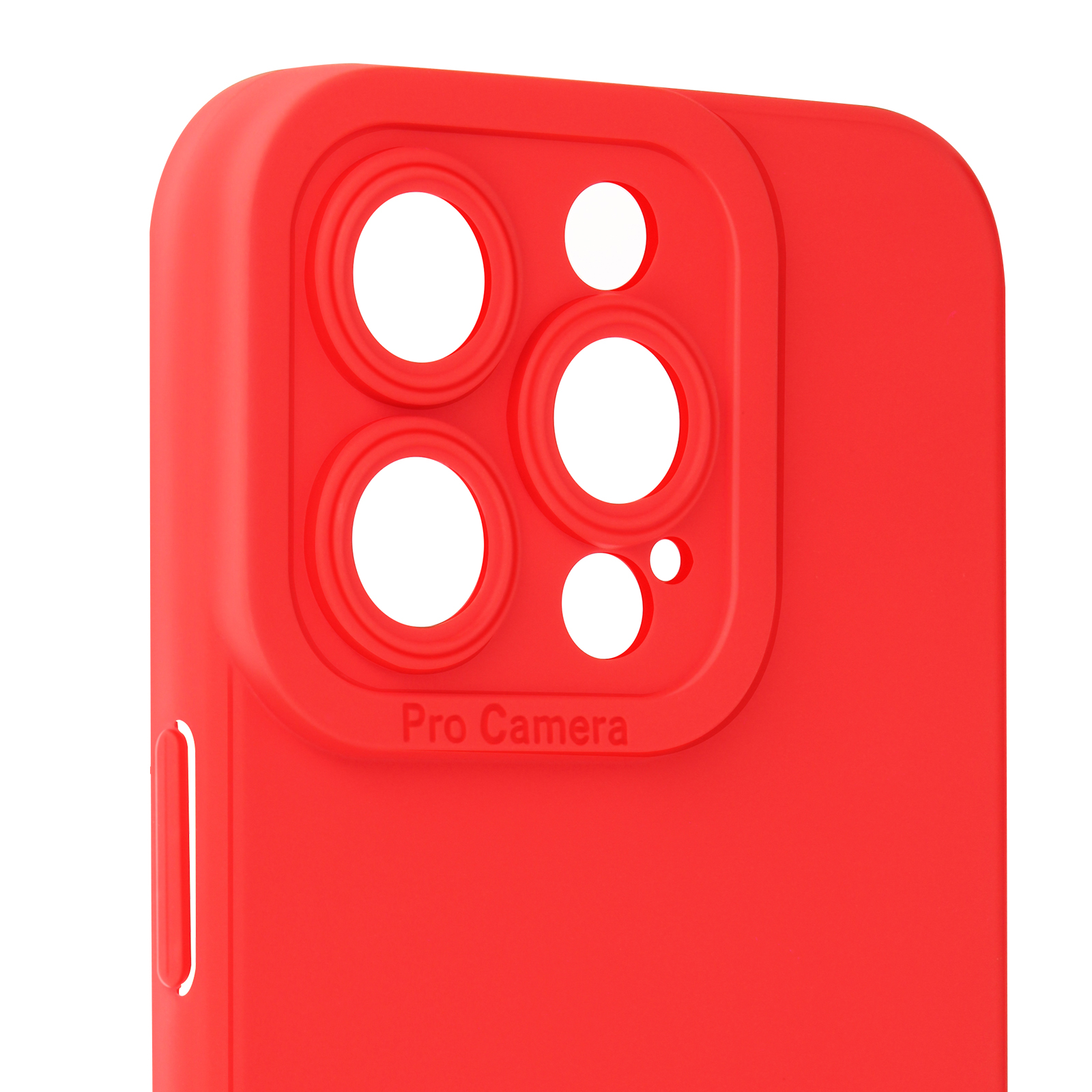 Una custodia per telefono rossa con ritagli per fotocamere. Il testo Pro Camera è stampato sopra.