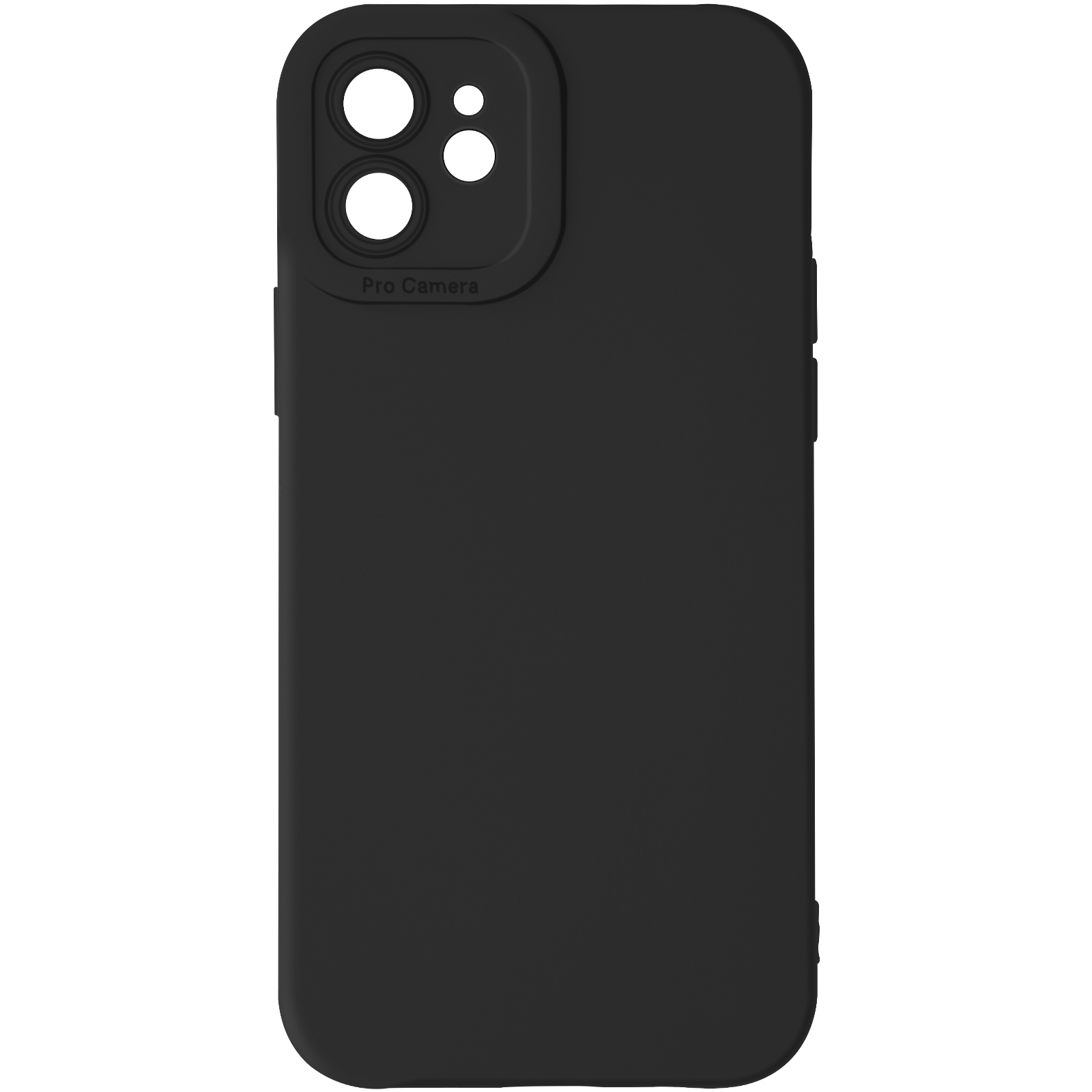 Custodia nera per telefono con ritagli per fotocamera su sfondo bianco.