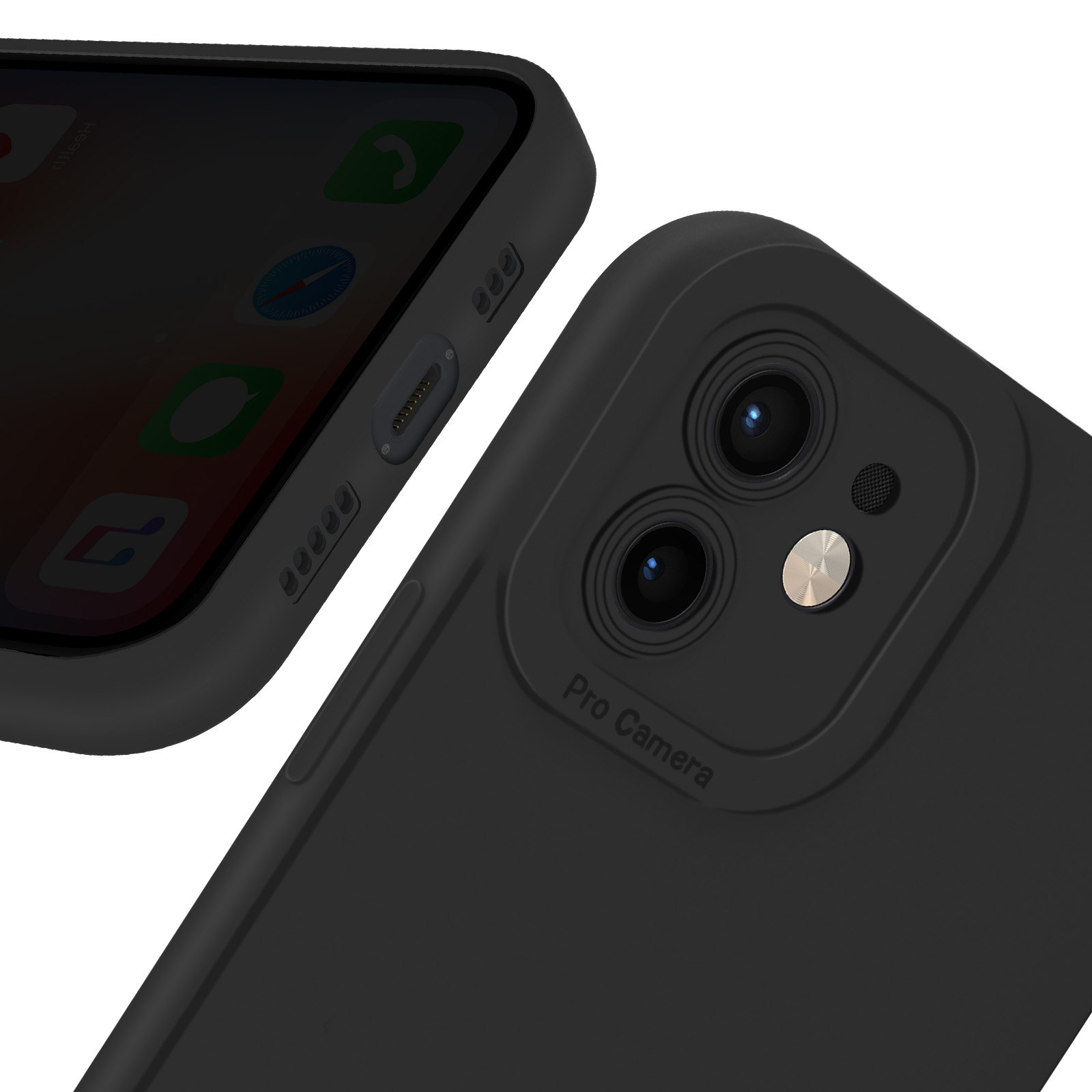 Custodia nera per telefono con protuberanza della fotocamera e schermo del telefono parzialmente visibile.
