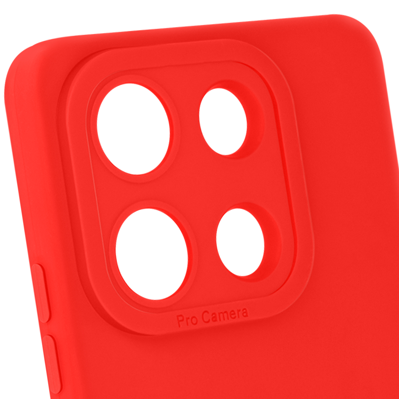 Primo piano di una custodia rossa. La custodia ha un ritaglio per la fotocamera con quattro cerchi.