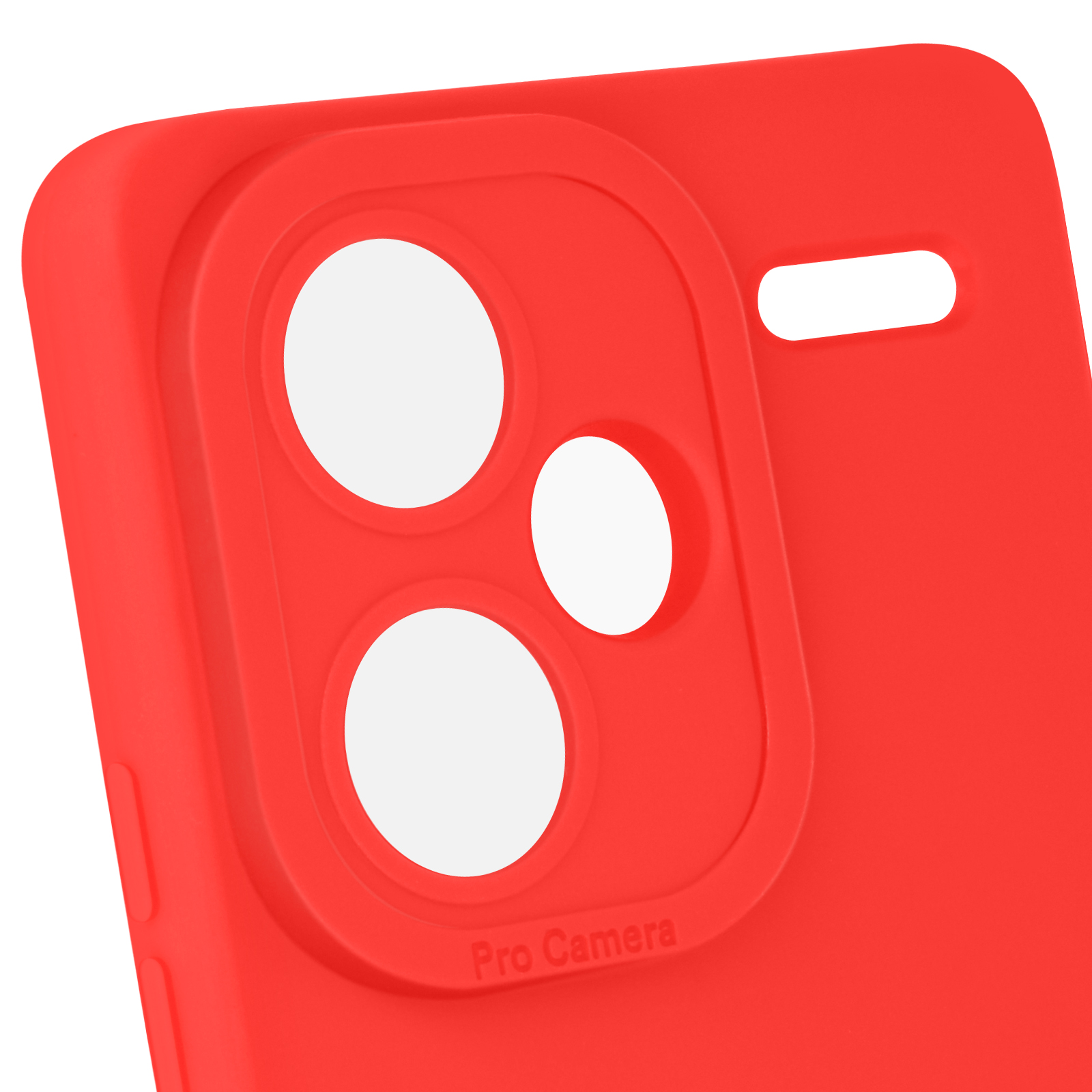 Primo piano di una custodia rossa per telefono con ritagli per fotocamera e la scritta 'Pro Camera'.