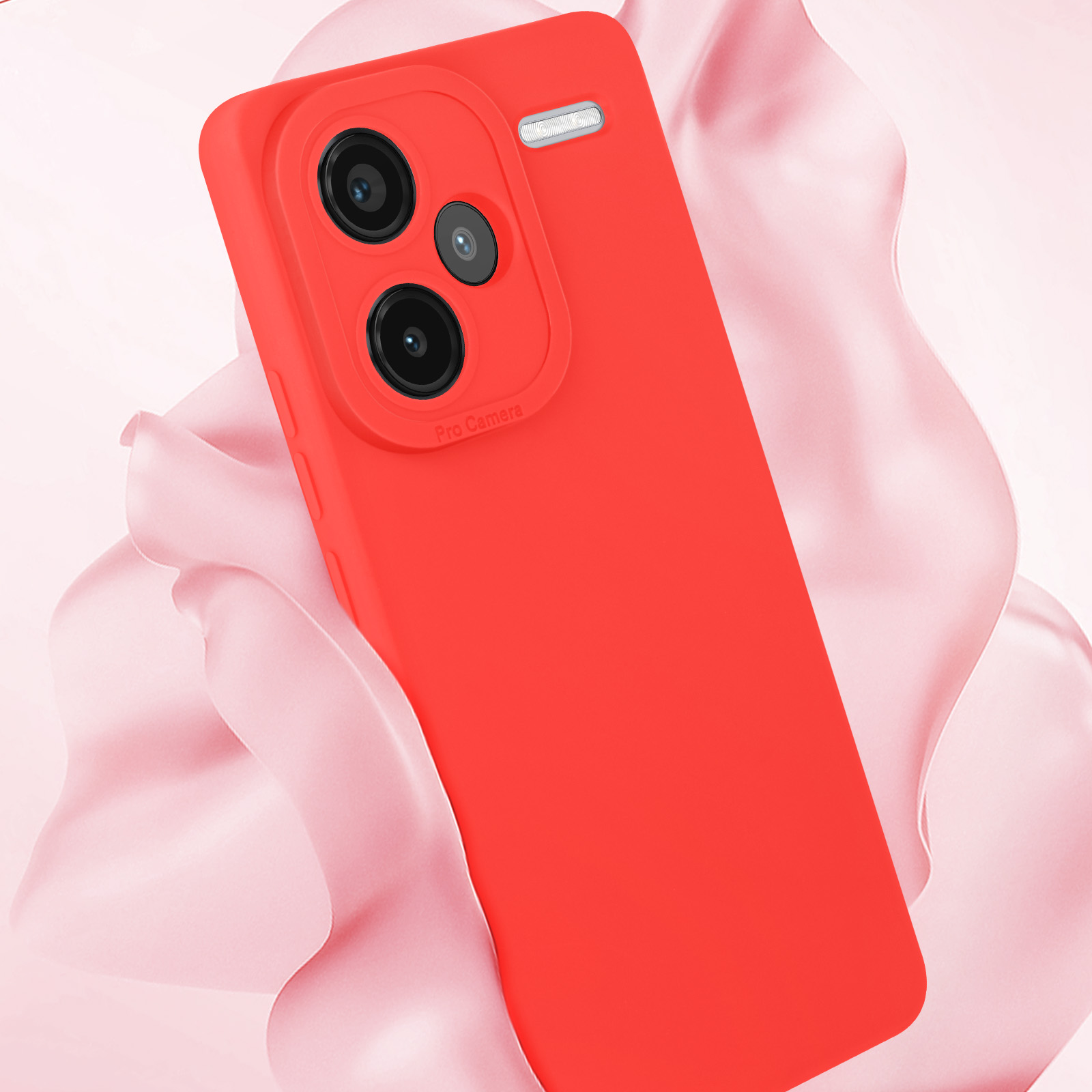 Custodia rossa per telefono con ritagli per fotocamera su sfondo rosa.