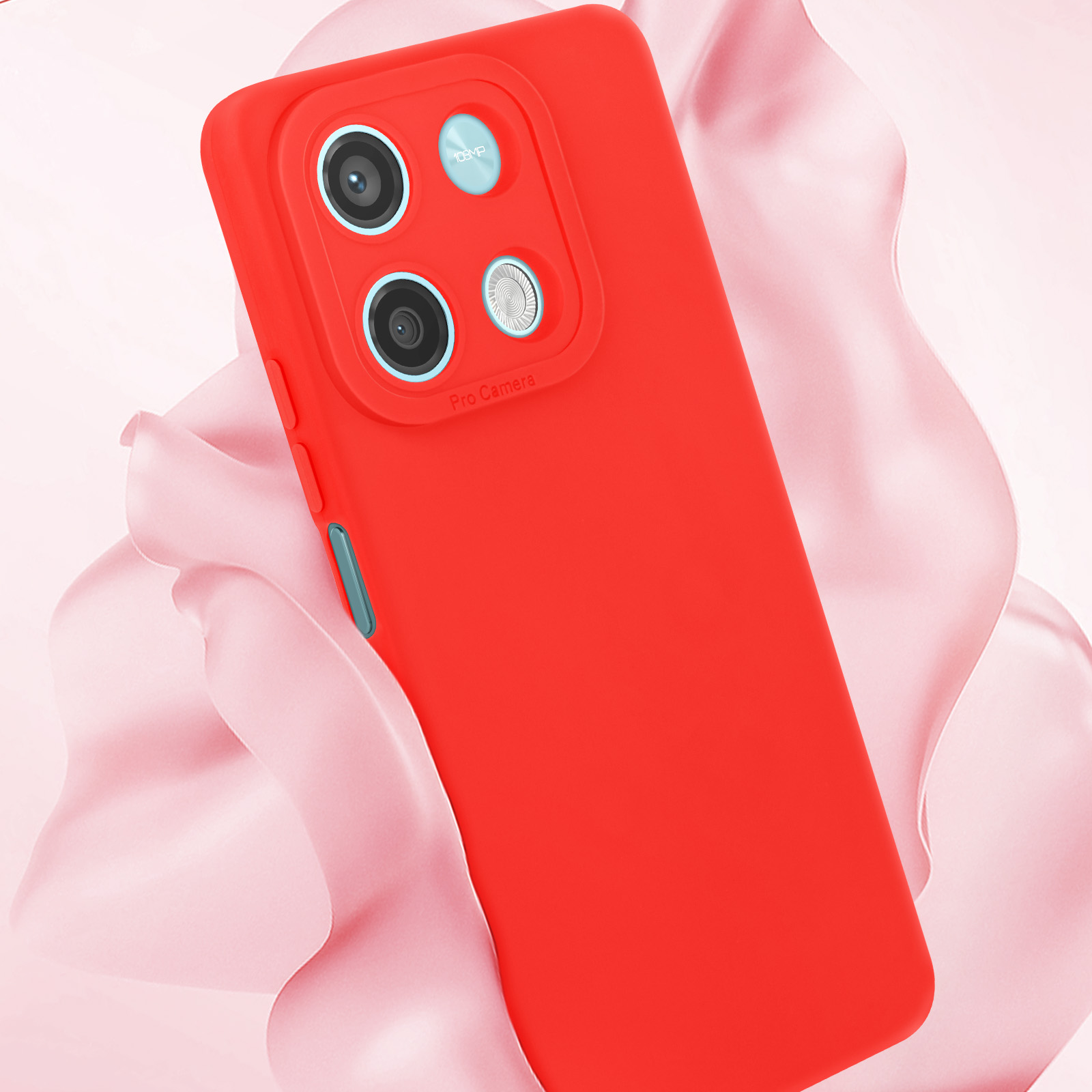 Custodia rossa per telefono con fori per la fotocamera, su sfondo rosa.