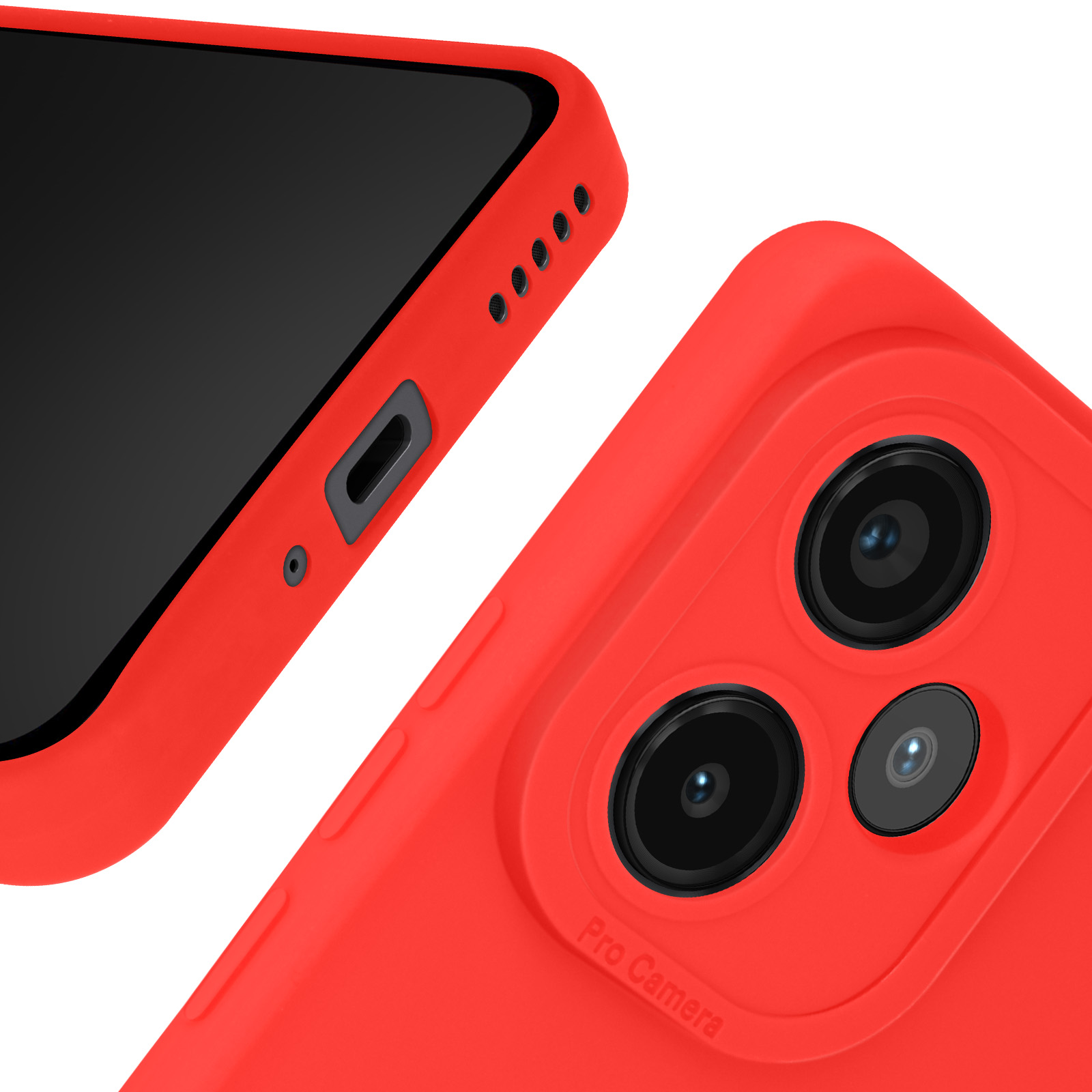 Primo piano di una custodia rossa con fotocamere e un telefono nero accanto.