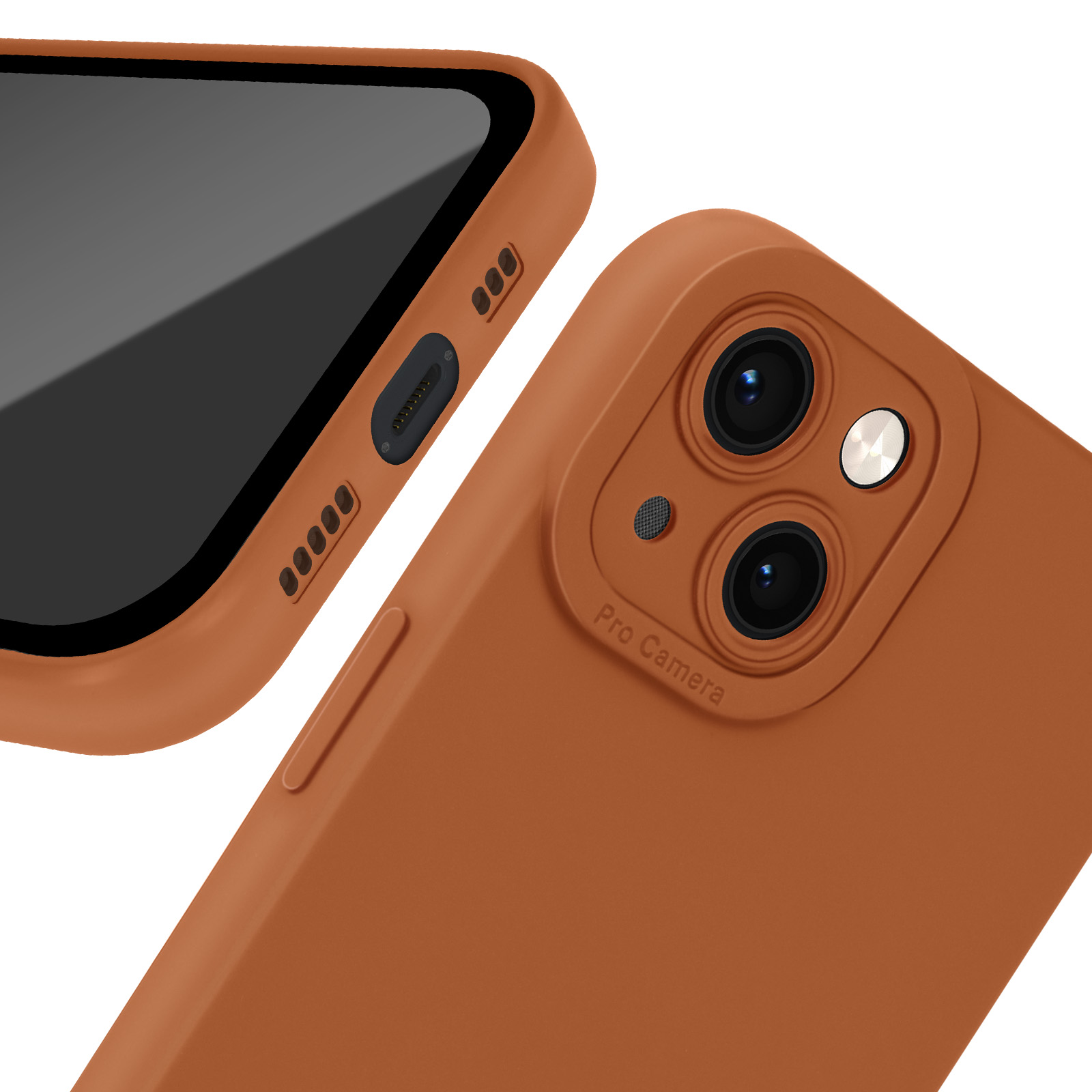 Primo piano di una custodia per telefono con lenti della fotocamera visibili.