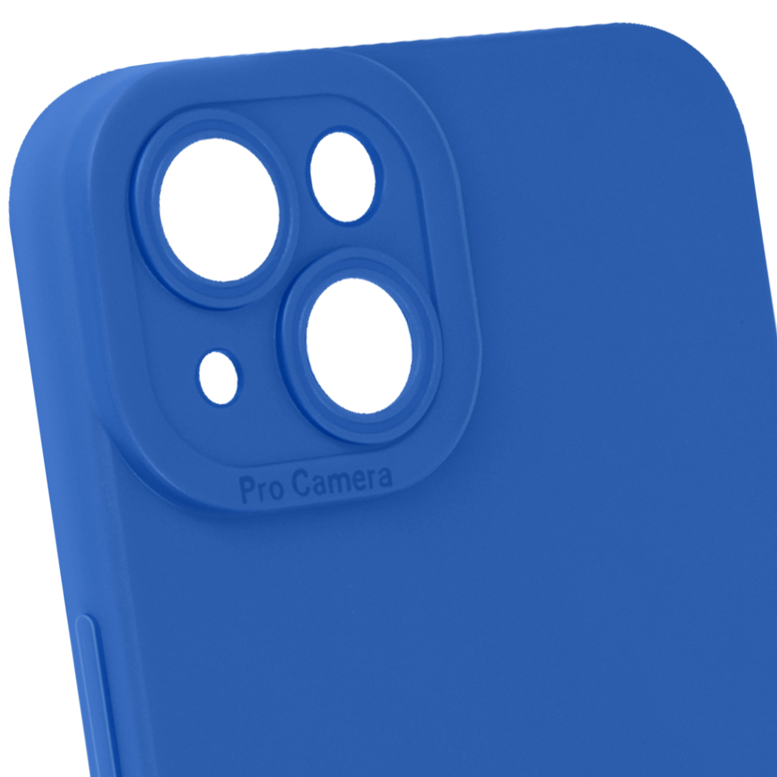 Custodia blu per telefono con ritagli per fotocamera. La custodia ha una superficie liscia e un'etichetta Pro Camera.