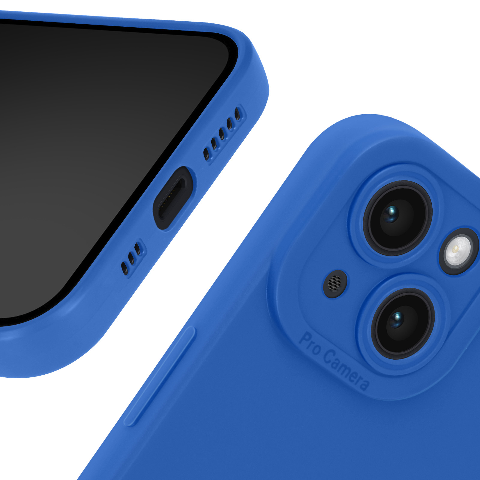Custodia blu per telefono, primo piano della sezione fotocamera e pulsanti laterali. Schermo nero visibile.