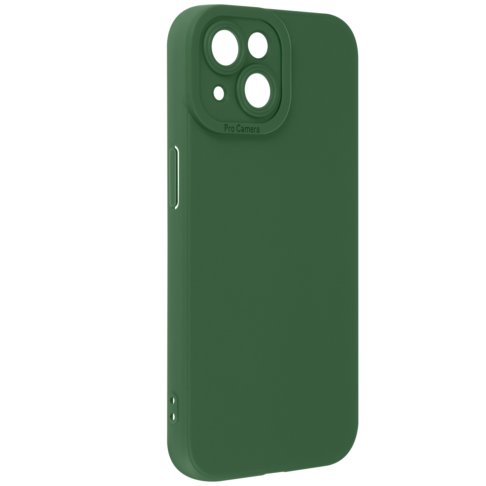 Custodia verde per telefono con ritaglio per fotocamera. Vista laterale, tinta unita.