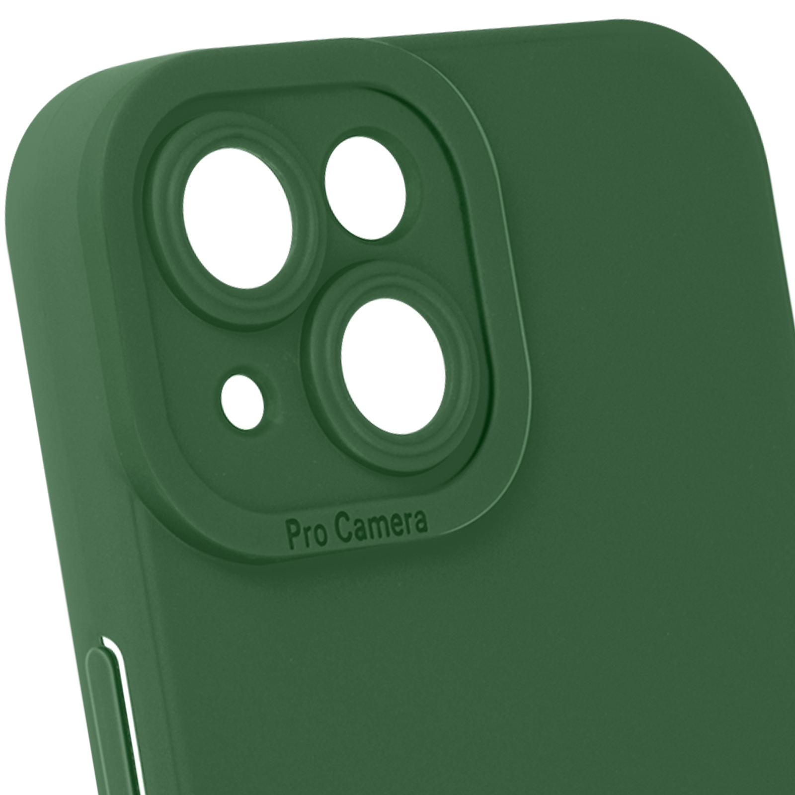 Primo piano di una custodia verde per telefono con fori per fotocamera e la scritta 'Pro Camera'.