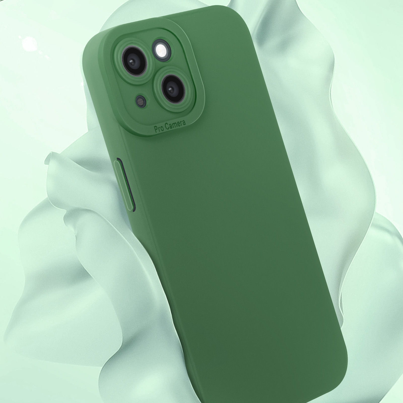 Custodia verde per telefono con protuberanza fotocamera, su sfondo bianco fluido.