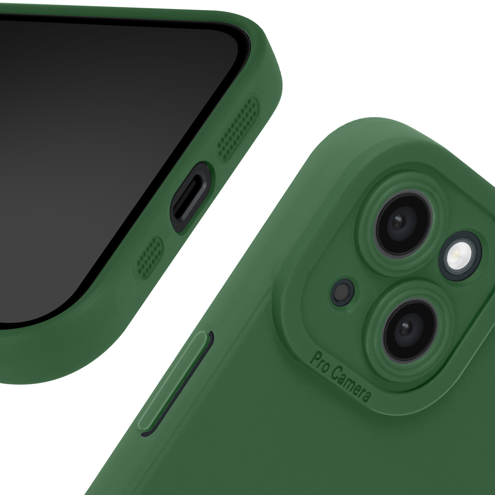 Custodia verde per telefono con ritaglio per fotocamera. Lo schermo del telefono è nero. Sfondo bianco.