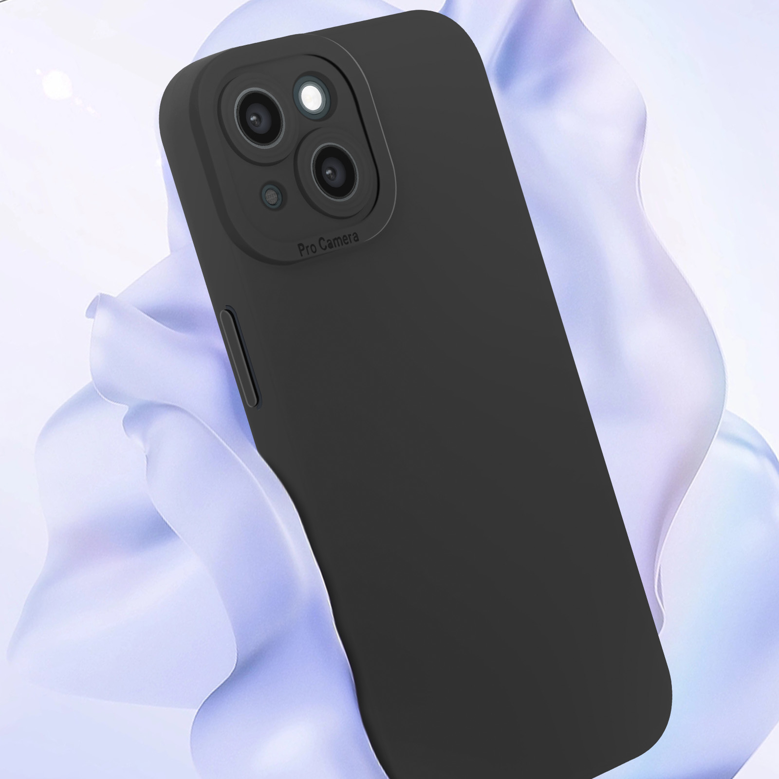 Una custodia nera per telefono con un ritaglio per la fotocamera. Lo sfondo è un design astratto bianco e blu.