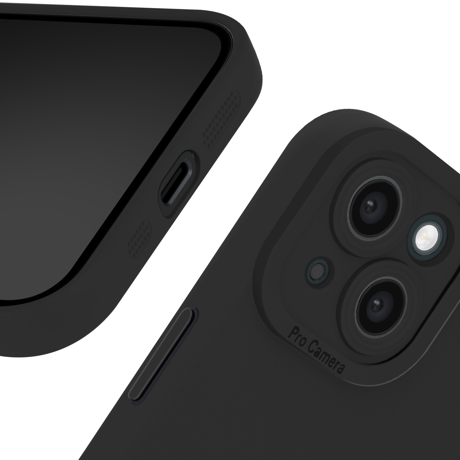 Primo piano di un telefono nero con dettagli della fotocamera e l'etichetta Pro Camera. Sfondo bianco.