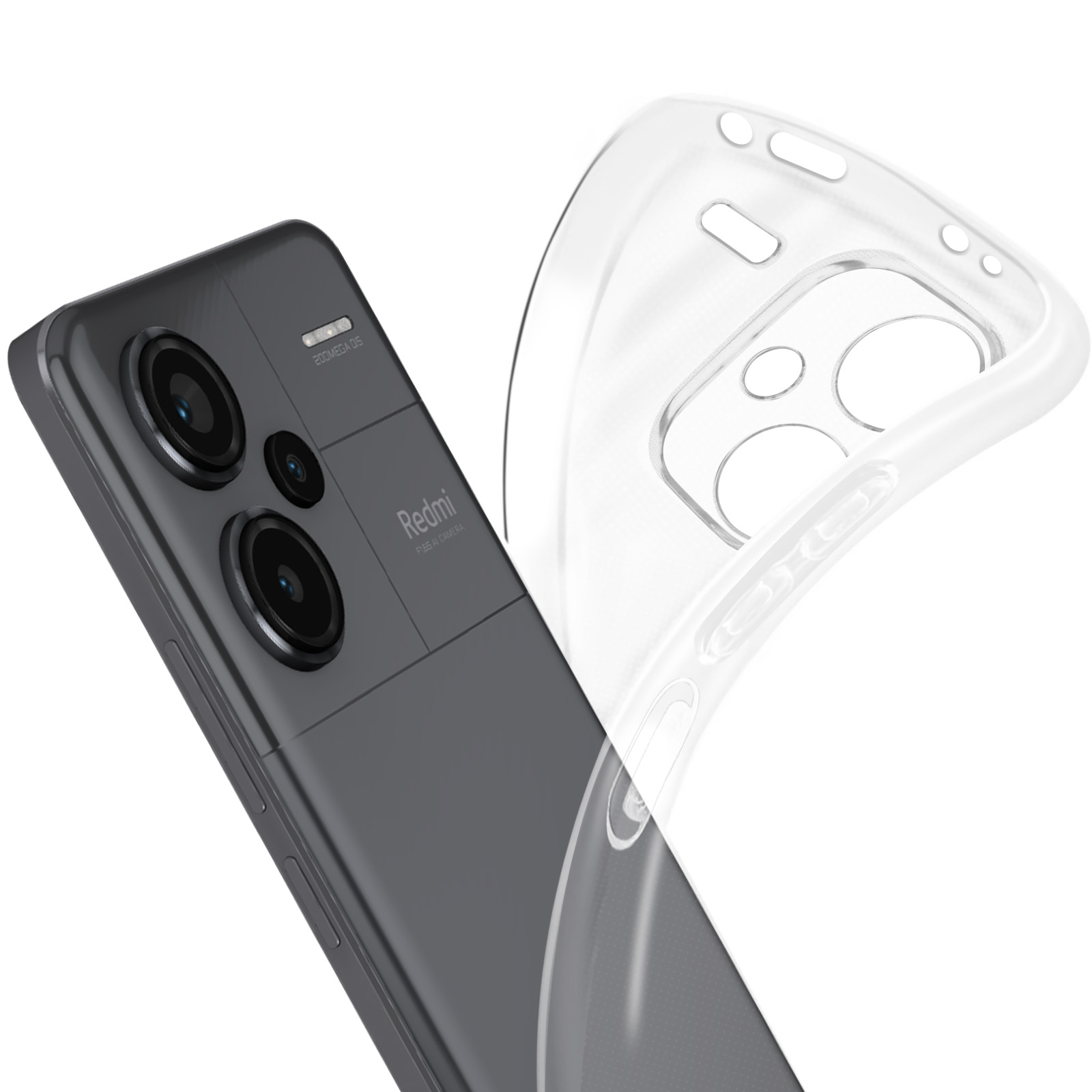 Un telefono con retro nero e modulo fotocamera. Una custodia trasparente per telefono a destra.