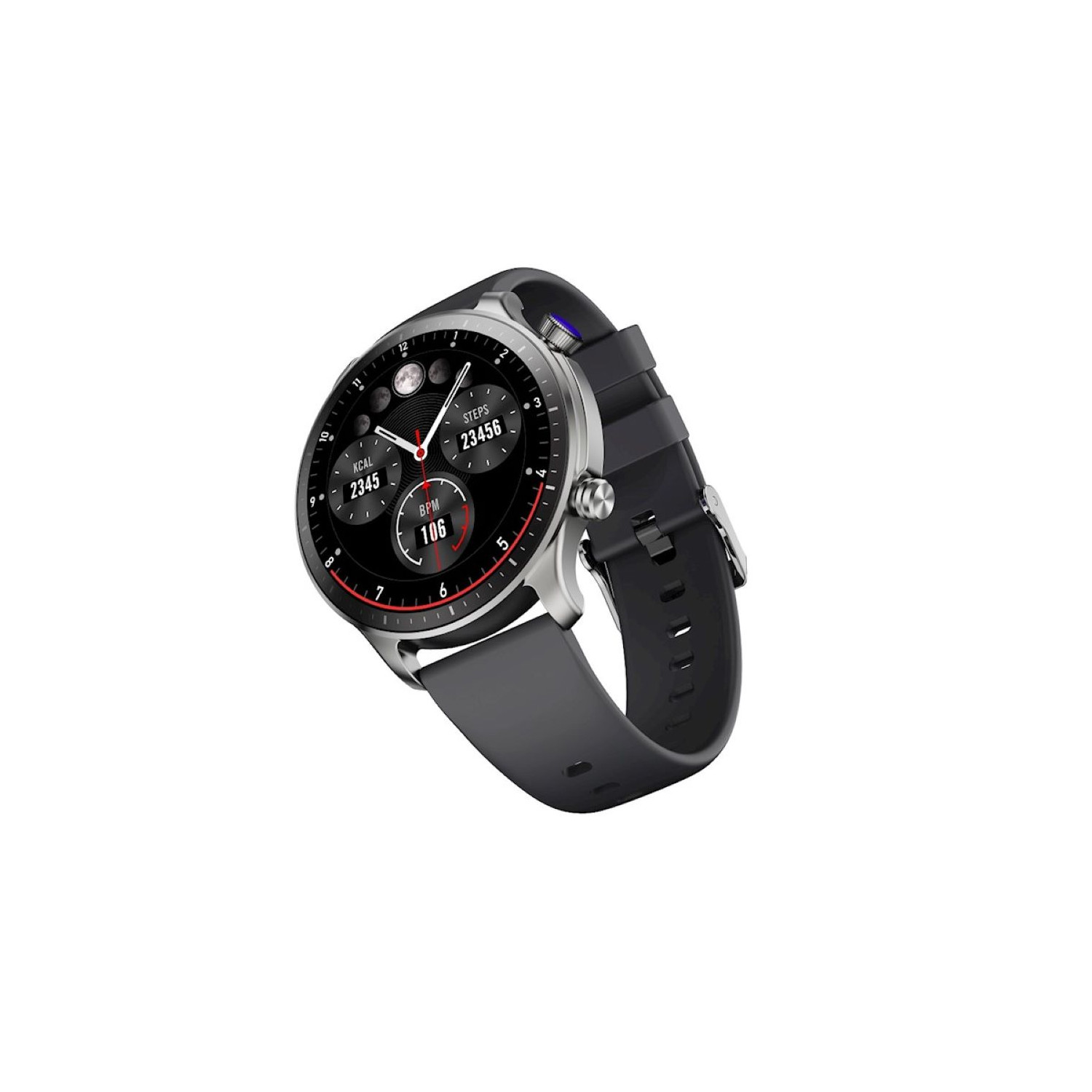 Silberne Smartwatch mit schwarzem Armband, zeigt Zeit, Schritte und BPM an.