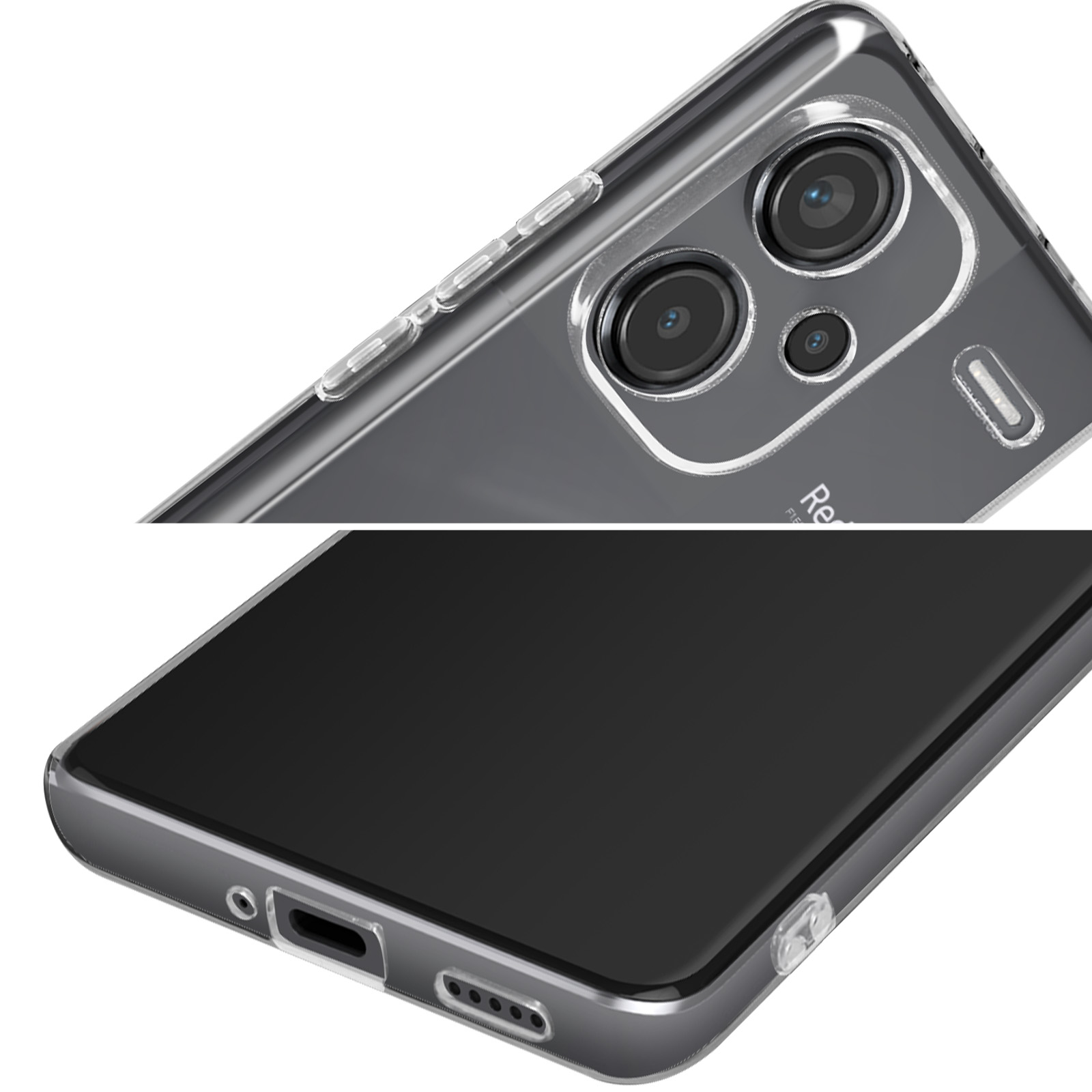 Una custodia trasparente per telefono che mostra i dettagli di un telefono. Sono visibili il modulo fotocamera e i pulsanti laterali.