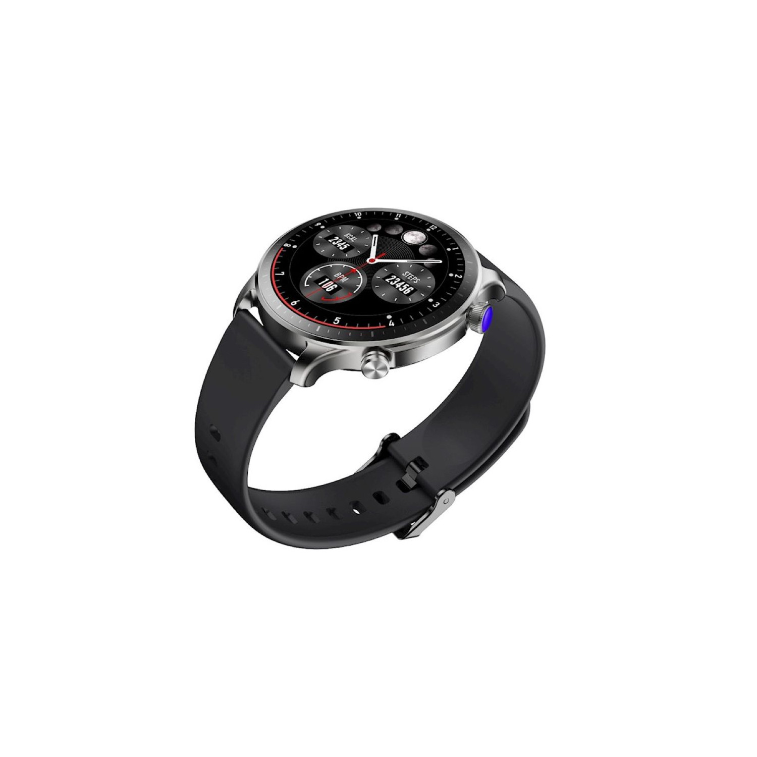Eine silberne Smartwatch mit schwarzem Armband, die Zeit und andere Metriken anzeigt, isoliert auf Weiß.