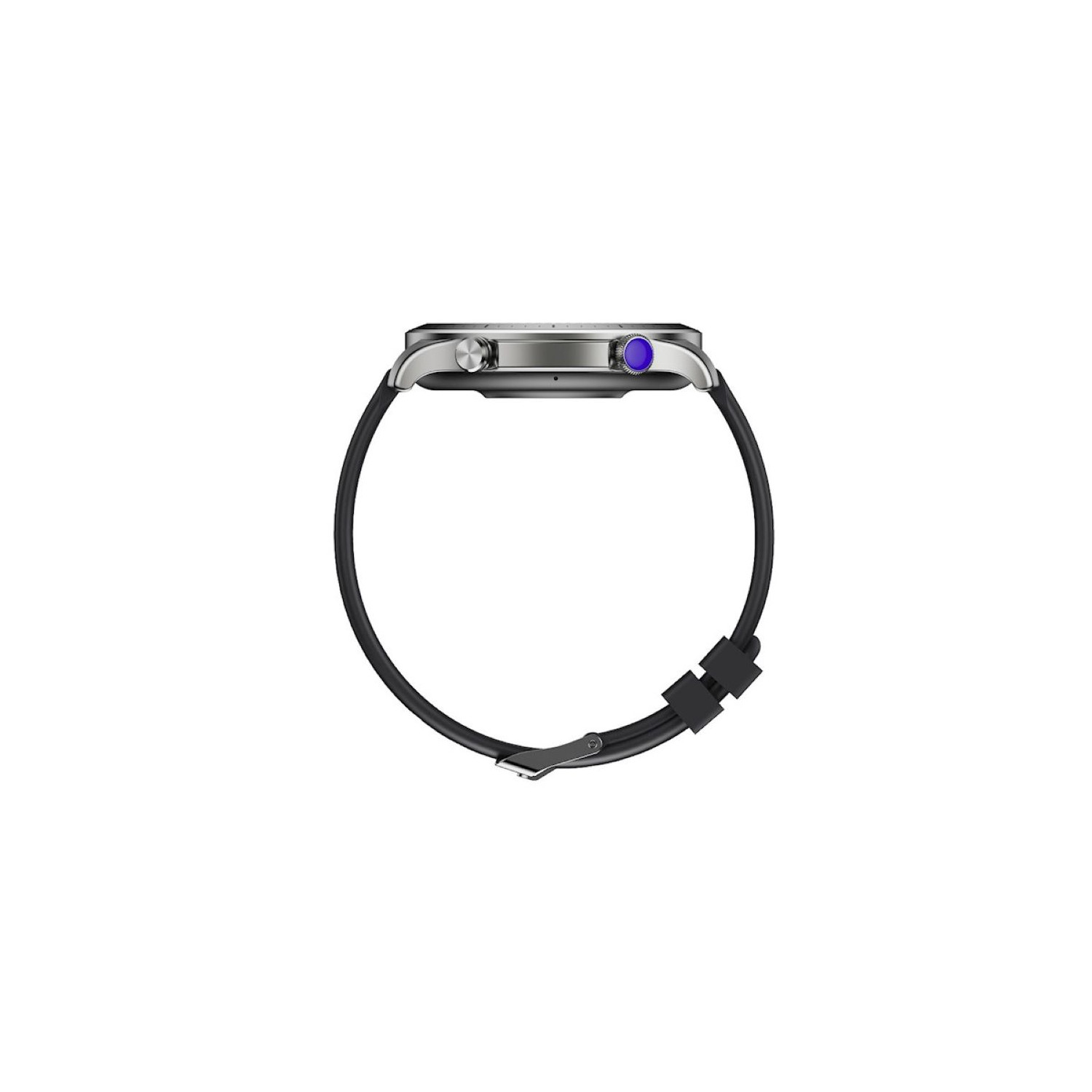 Smartwatch, Seitenansicht, schwarzes Armband, silberner Rahmen, weißer Hintergrund.