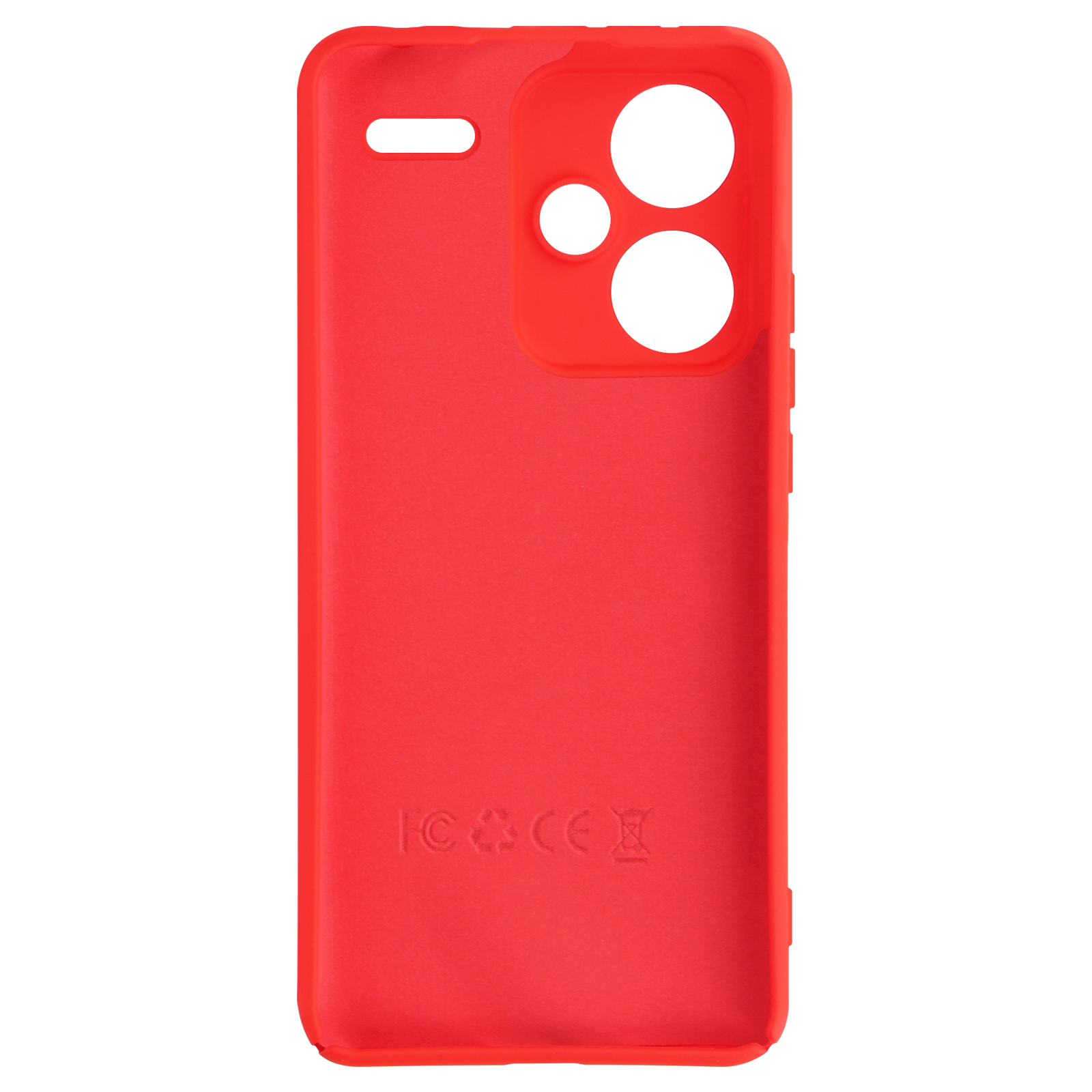 Funda roja para teléfono. Tiene aperturas para cámara y puertos. La parte trasera tiene iconos de certificación.