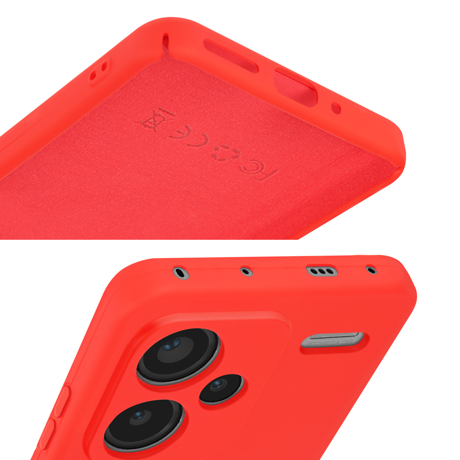 Dos vistas de cerca de una funda roja para teléfono, mostrando el área de la cámara y detalles inferiores.